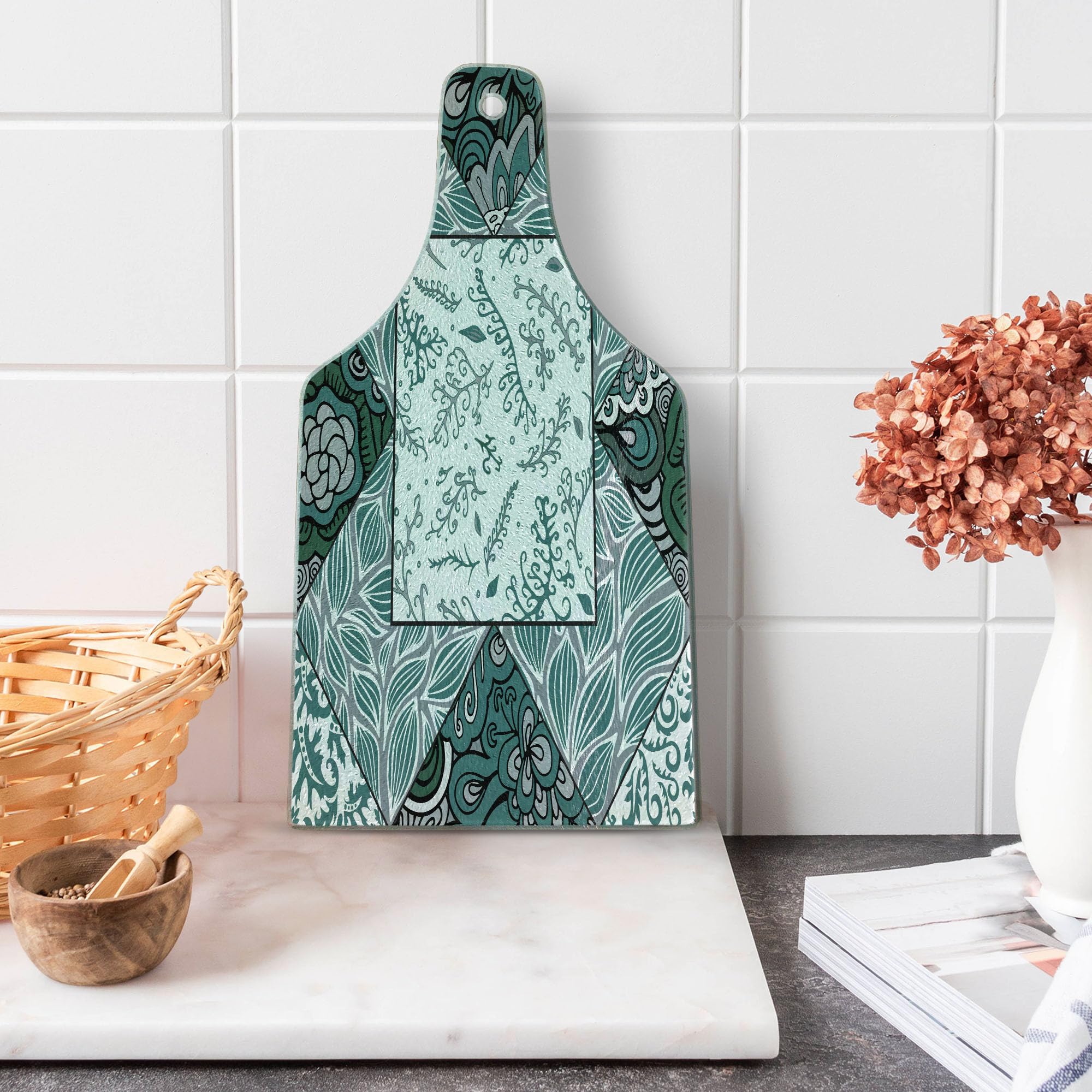 Ambesonne Boho Cutting Board - Shabby Chic Leaves & Floral Print Tempered Glass Serving Board, Wine Bottle Shape in Jade Green, Grey & White | Perfect for Charcuterie, Cheese Platters & Kitchen Decor