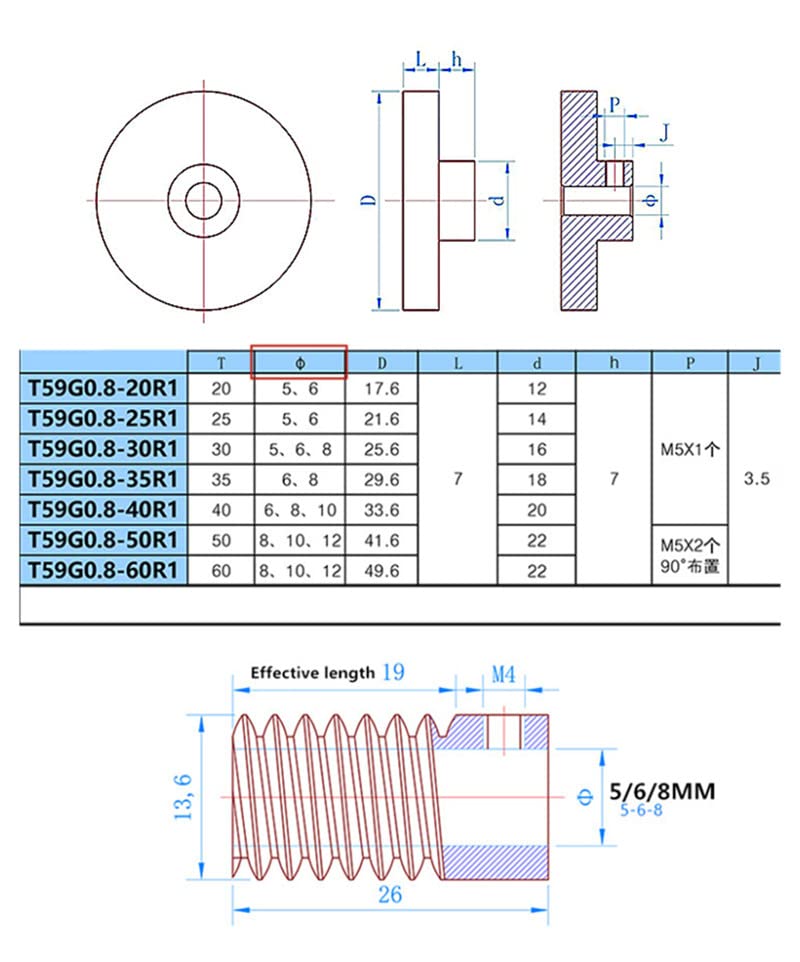 Precision 0.8M Worm Gear Set 1:20/30/40/50/60 Teeth Stainless Steel Worm & Copper Gear for Robotics, CNC Machines, and Industrial Equipment (5mm Worm, 60 Teeth-8mm)