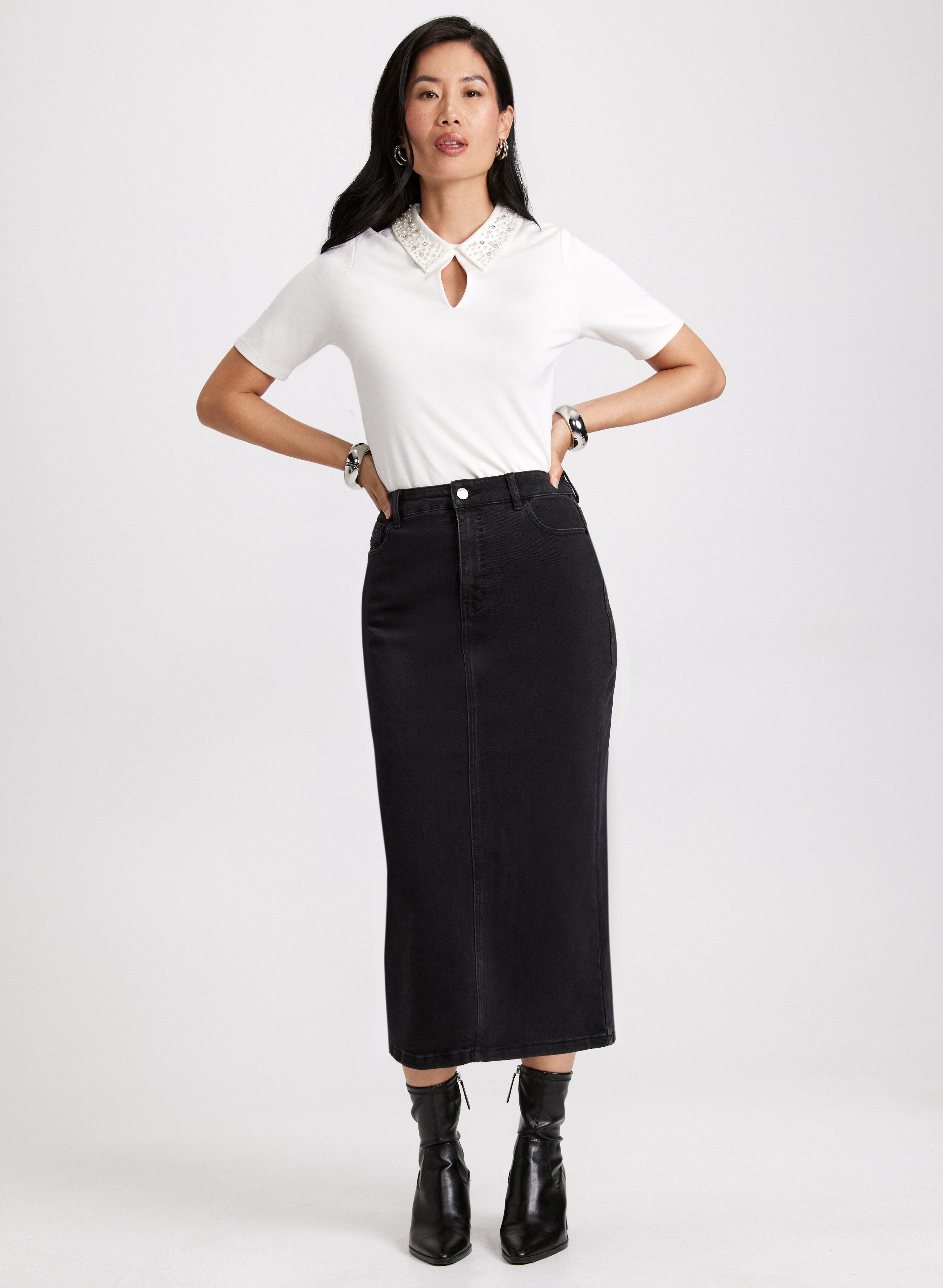 Embellished Collar Top & Rhinestone Detail Skirt Set - Women's Elegant Party Outfit for Dinner Date, Cocktail Party, and Special Occasions