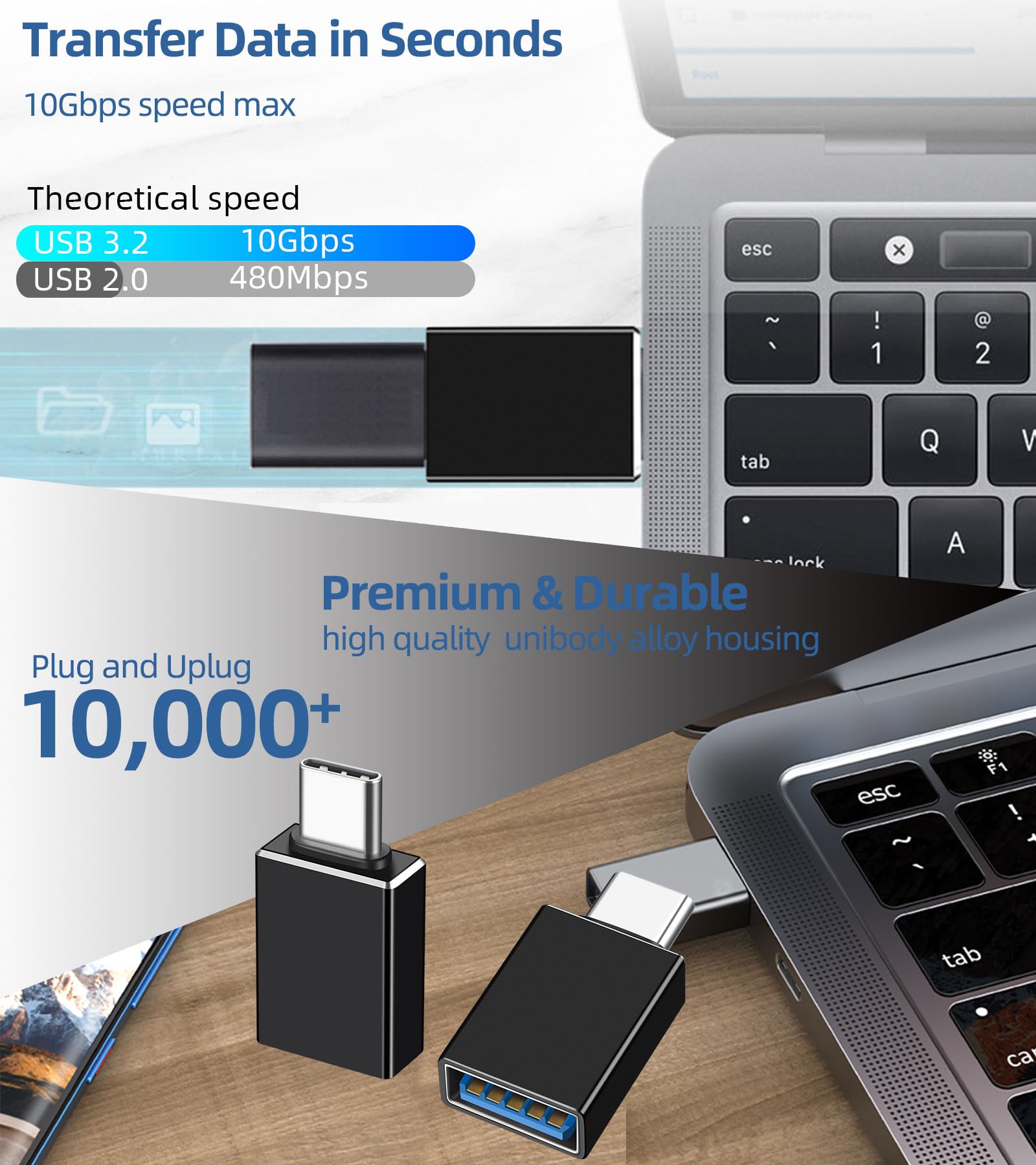 USB C to USB A Adapter - OTG Connector for Smartphones, Tablets, Laptops - Fast Data Transfer & Charging for Home, Office & Travel