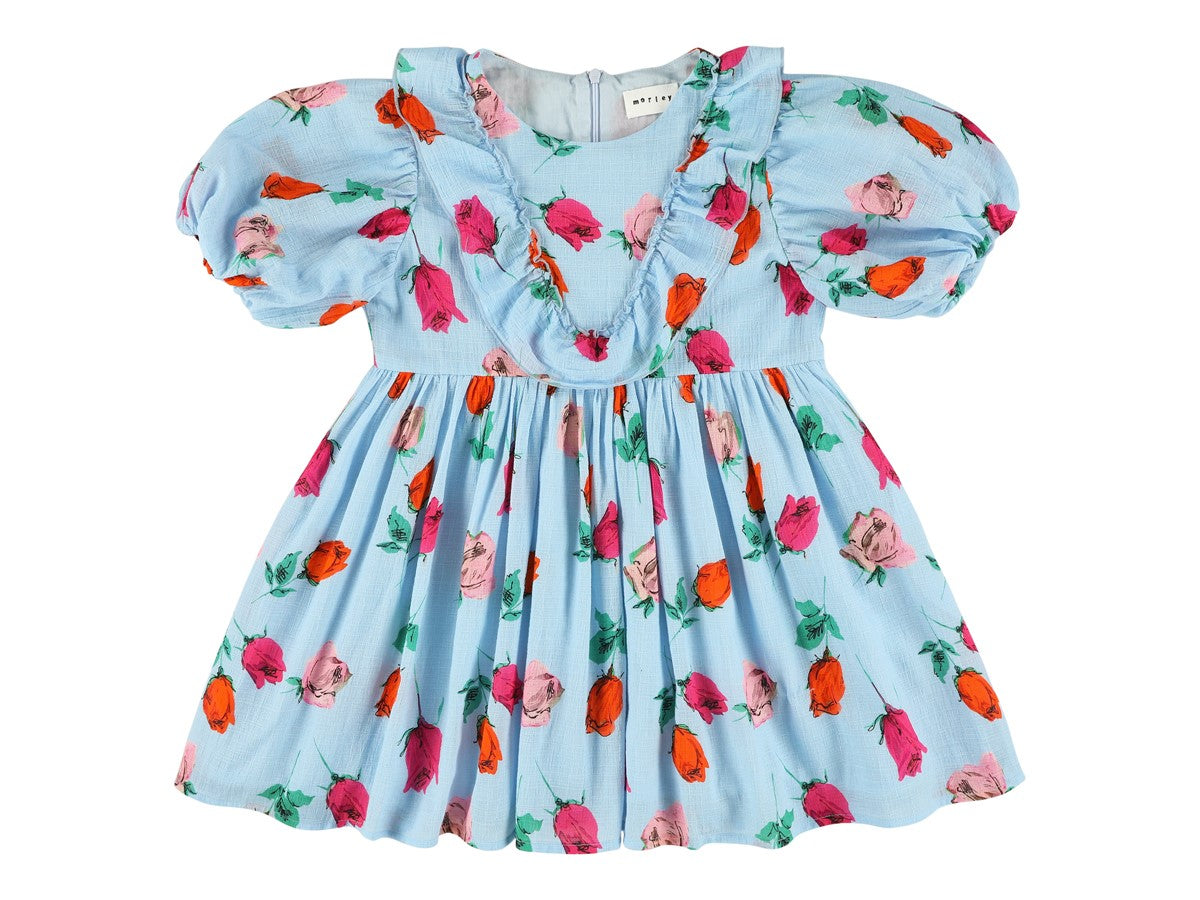 Morley Sky Blue Ruffle Chest Dress - Elegant Floral Print Women's Party Dress for Weddings, Dates & Special Occasions