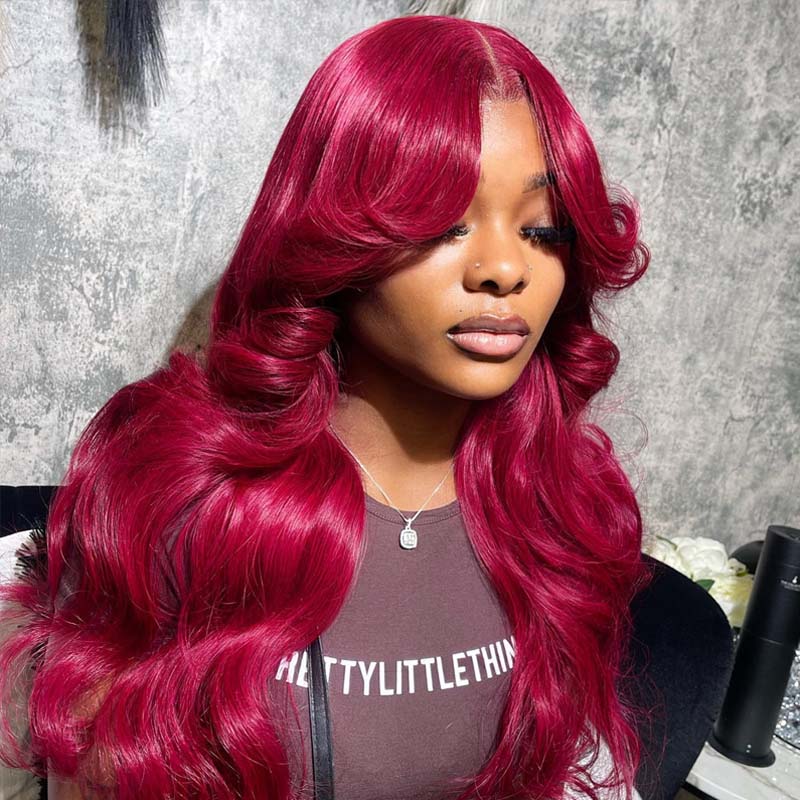 Eullair Burgundy Red Body Wave Human Hair Wig with Layered Cut & Curtain Bangs | Glueless Lace Frontal Wig for Women | Perfect for Cosplay, Daily Wear & Special Occasions