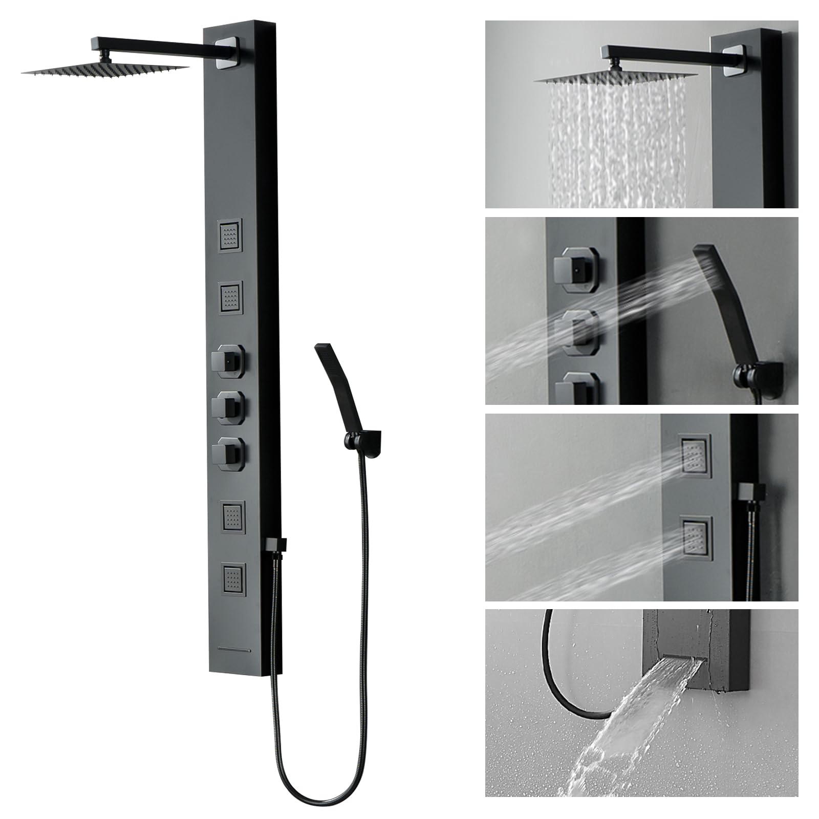 Homevacious Stainless Steel Shower Panel Tower System - Wall Mount Rainfall Shower Head with 4 Massage Jets, Handheld Shower & Tub Spout - Matte Black Bathroom Upgrade for Spa-Like Experience