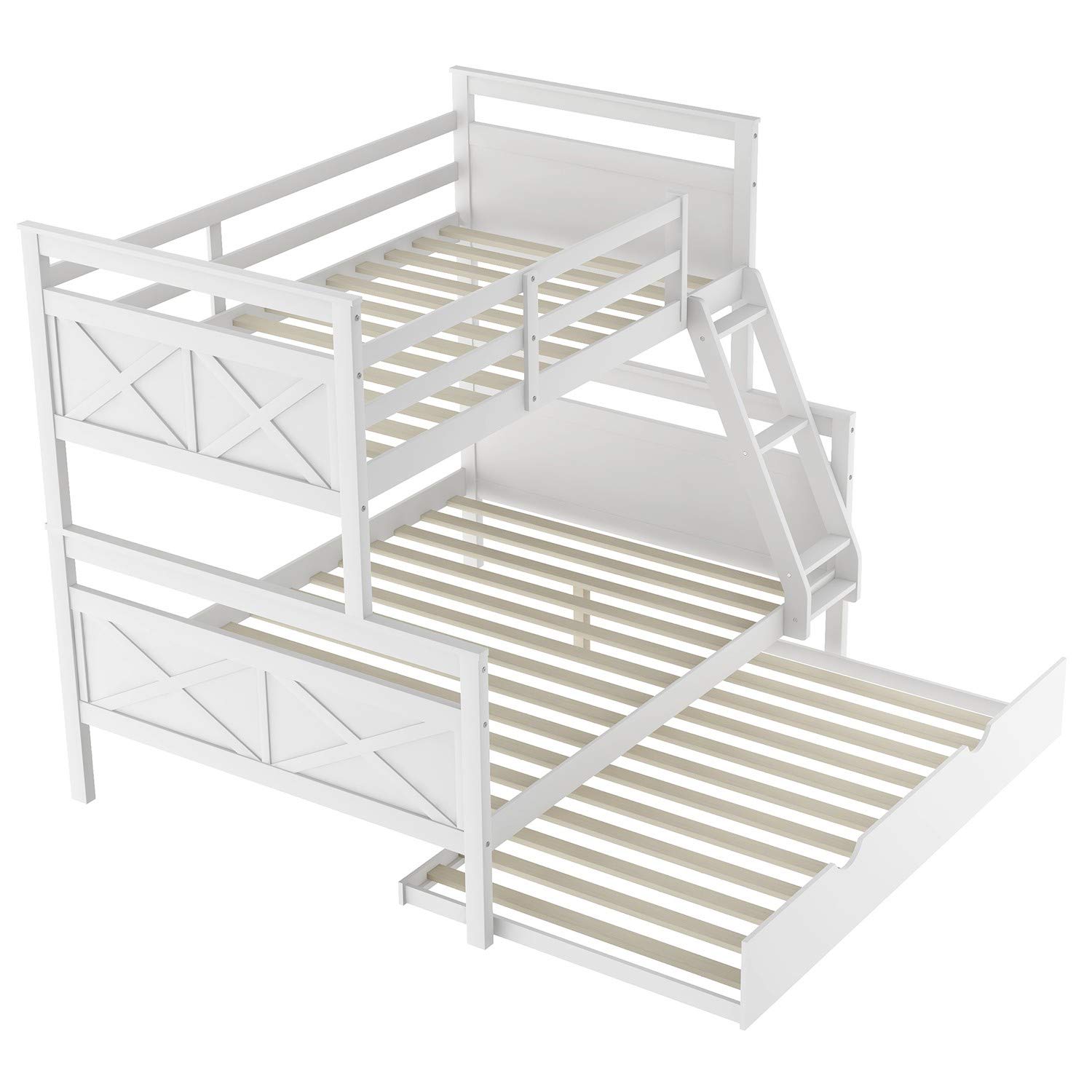 Twin Over Twin Bunk Bed Frame with Ladder & Safety Rail - White for Kids' Bedroom