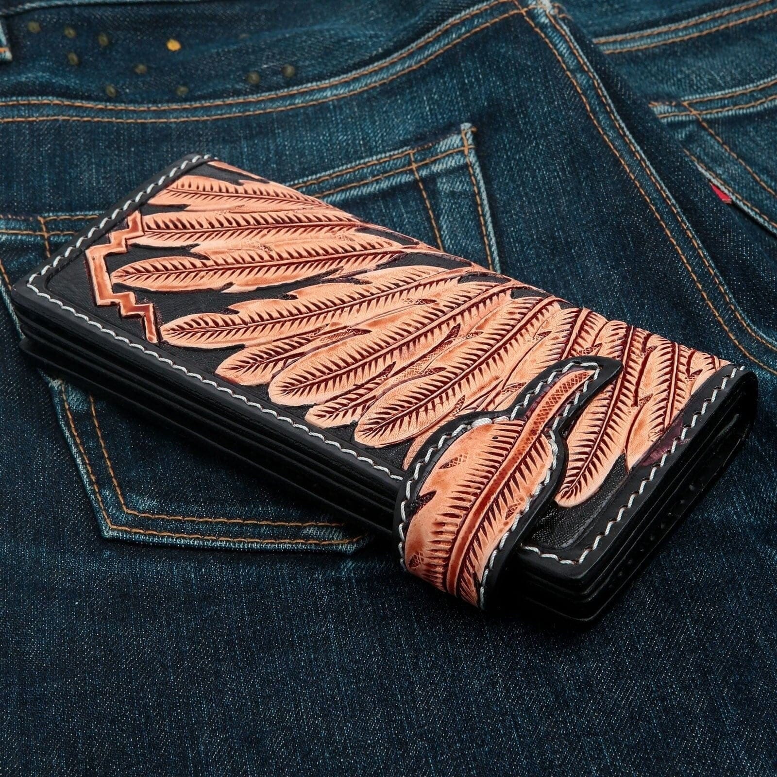 Genuine Leather Indian Skull Biker Wallet for Men - Handmade Motorcycle Wallet with Chain - Perfect for Bikers, Riders & Outdoor Enthusiasts