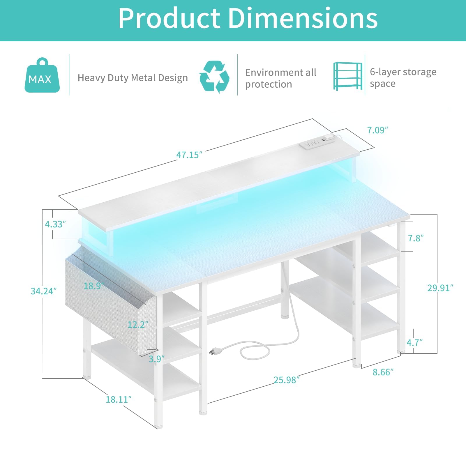 Lufeiya 47-inch White Modern Computer Desk with Storage Shelves, LED Lights & Power Outlets - Home Office Desk, Gaming Desk with Monitor Stand - Perfect for Small Spaces, Workstations & Gaming Setups
