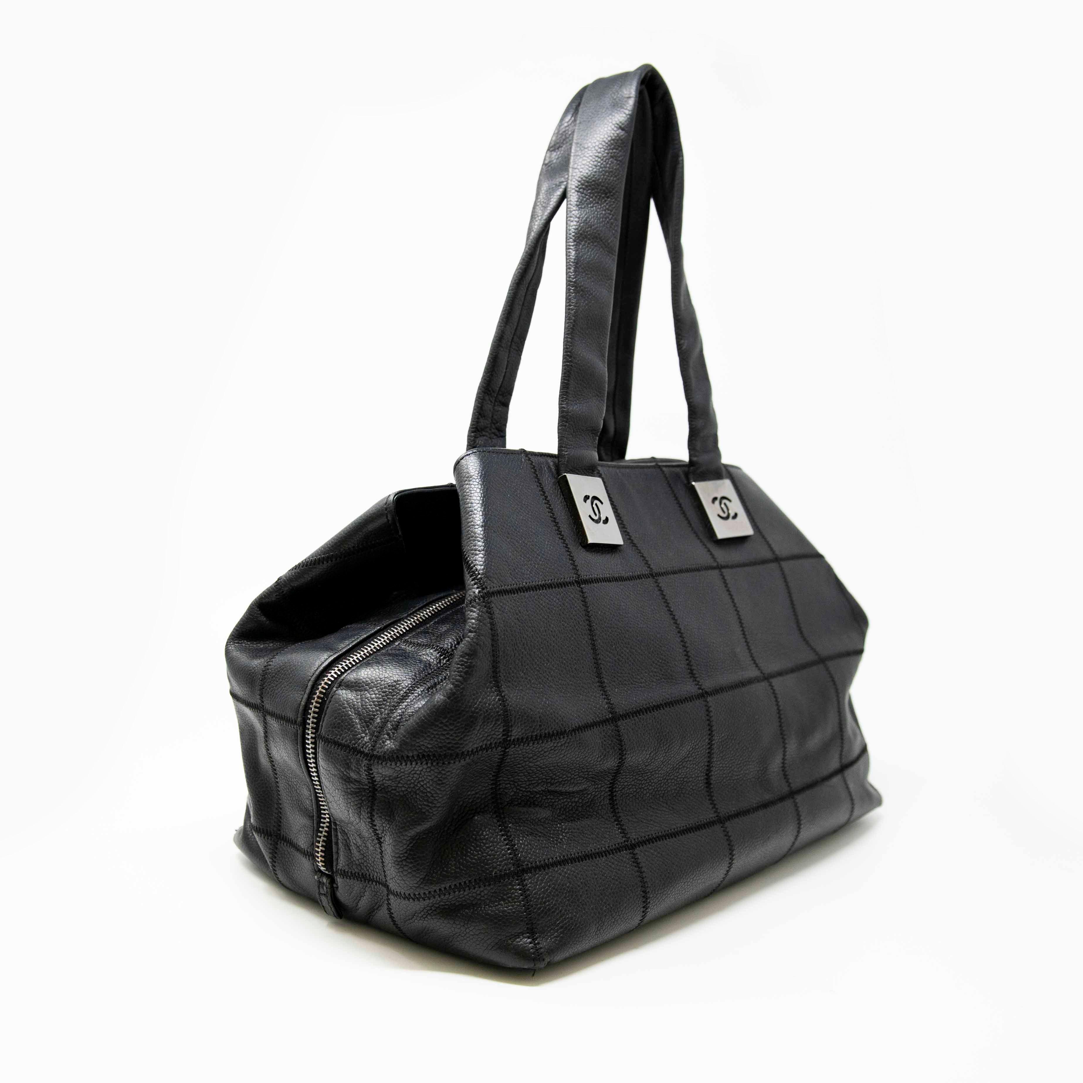 Chanel Black Choco Bar Stitched Leather Tote Bag for Women - Luxury Designer Handbag for Work, Travel & Everyday Use
