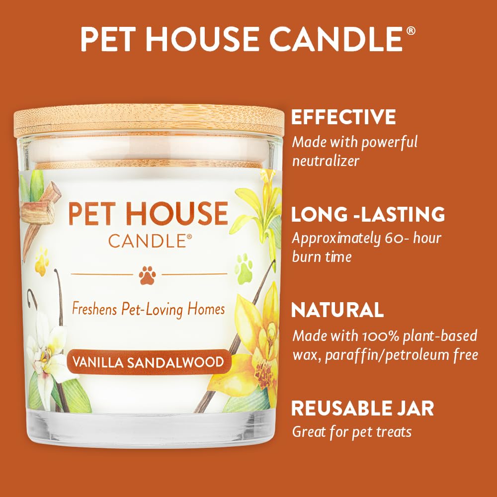One Fur All Pet House Candle 2 Pack - Plant-Based Soy Wax, Clean Burning Scented Candles for Home - Vanilla Sandalwood Fragrance, Long Lasting Pet Odor Eliminator - Perfect for Living Rooms, Bedrooms & Pet-Friendly Spaces