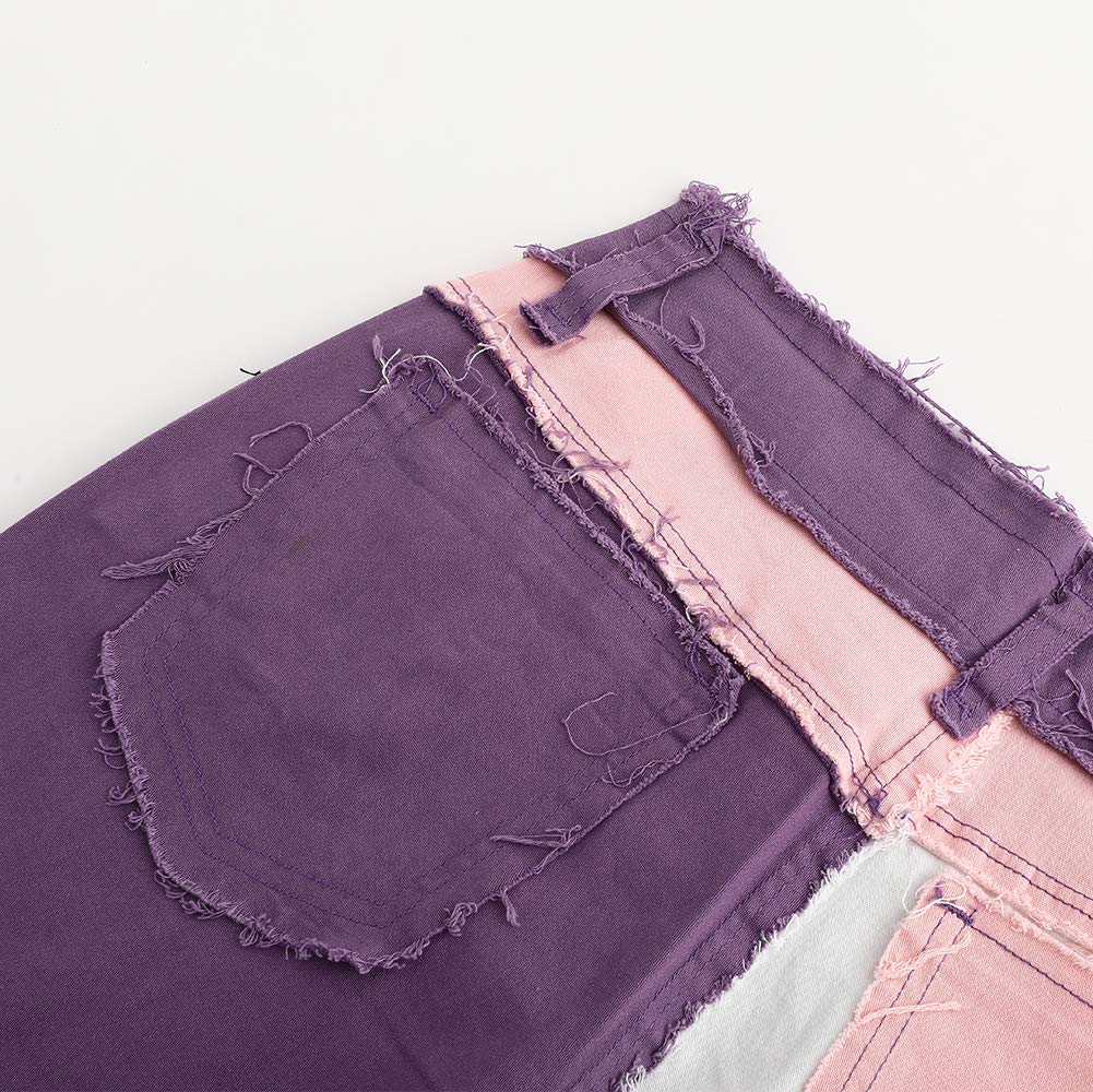 THUNDER STAR Women's Patchwork Straight Leg Jeans - Mid Rise Stretch Denim Pants with Frayed Hem | Casual Wear, Street Style, Everyday Outfits