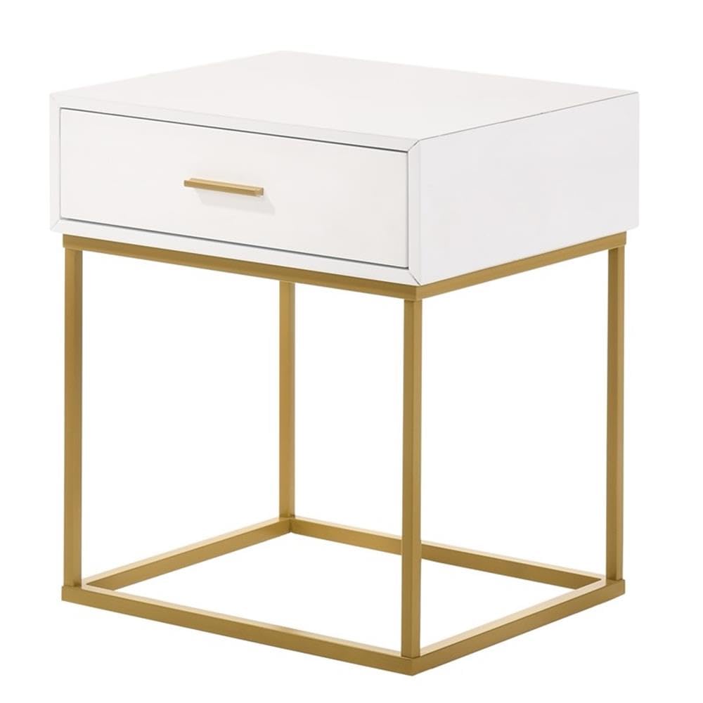 MAKLAINE White One-Drawer Nightstand with Gold Legs - Modern Bedside Table for Bedroom, Living Room & Office Storage