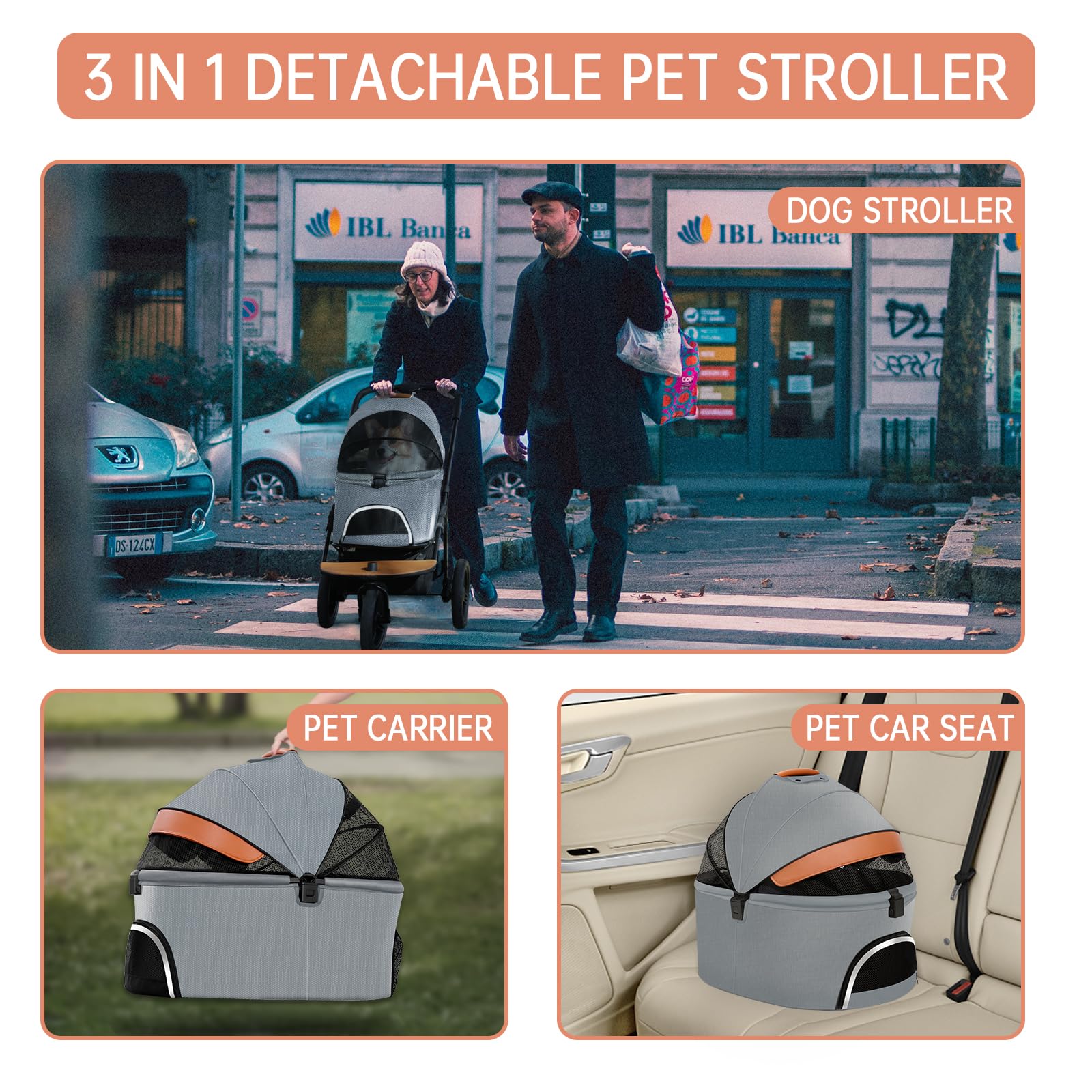 3-in-1 Pet Stroller for Small & Medium Dogs - Lightweight 3-Wheel Jogger with Detachable Carrier, Storage Basket & One-Button Fold | Perfect for Walking, Jogging & Vet Visits (Gray)
