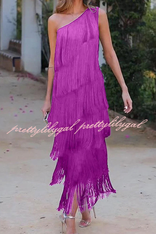 Elegant Fringed One Shoulder Asymmetric Midi Dress for Women - Boho Chic Party, Cocktail & Evening Wear - Perfect for Weddings, Date Nights & Special Occasions