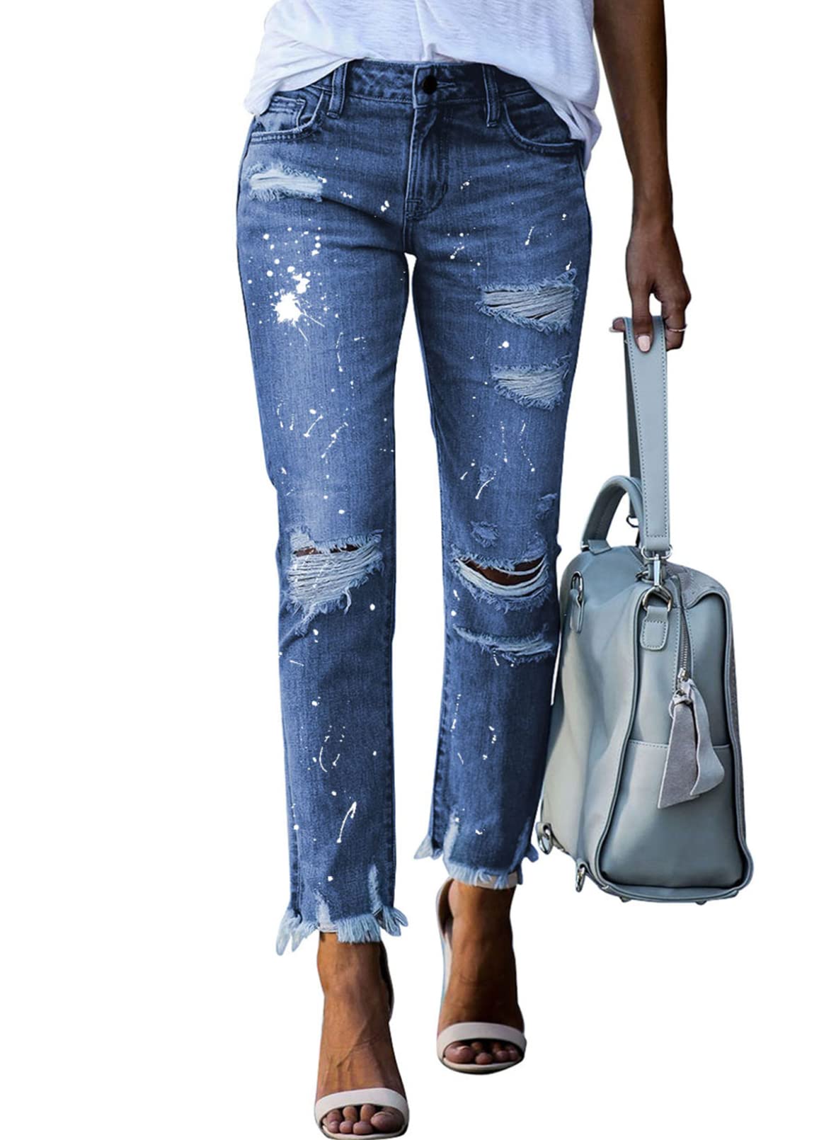 Sidefeel Women's Distressed Slim Fit Denim Jeans - Raw Hem Washed High Waist Skinny Pants for Casual Wear, Street Style & Everyday Outfits