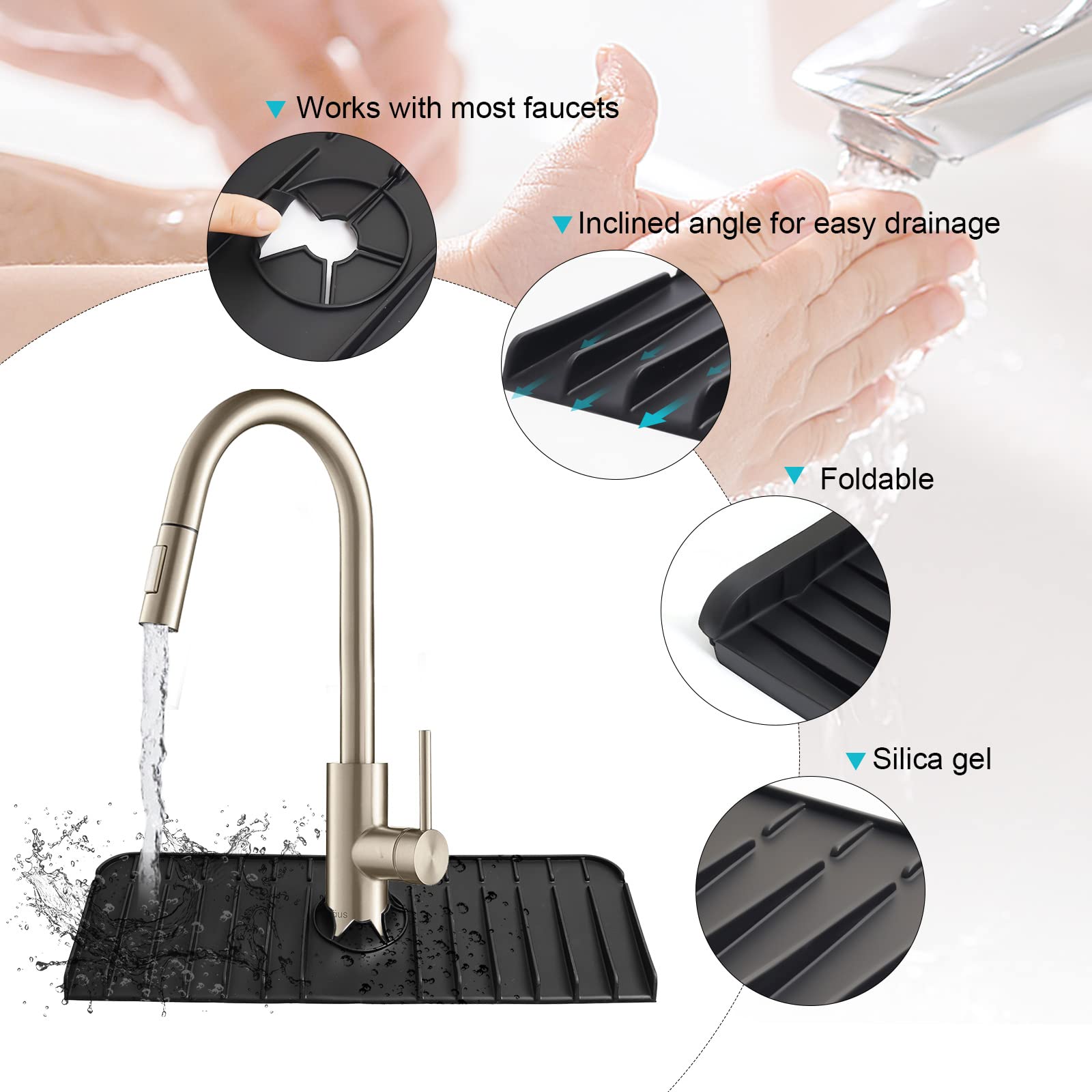 2 Pack Silicone Kitchen Sink Splash Guard - Faucet Drip Catcher Tray & Countertop Protector Mat for Kitchen & Bathroom | Prevents Water Spills, Protects Surfaces from Drips & Splashes (Black) - Perfect for Cooking, Dishwashing & Daily Kitchen Use