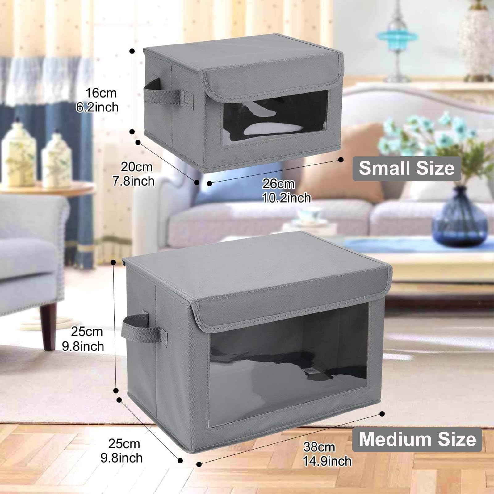 DIMJ Collapsible Storage Bins with Lids & Handles - 6 Pack Fabric Closet Organizer Baskets with Clear Windows, Light Grey Medium Size | Perfect for Linen Closets, Shelves & Home Organization