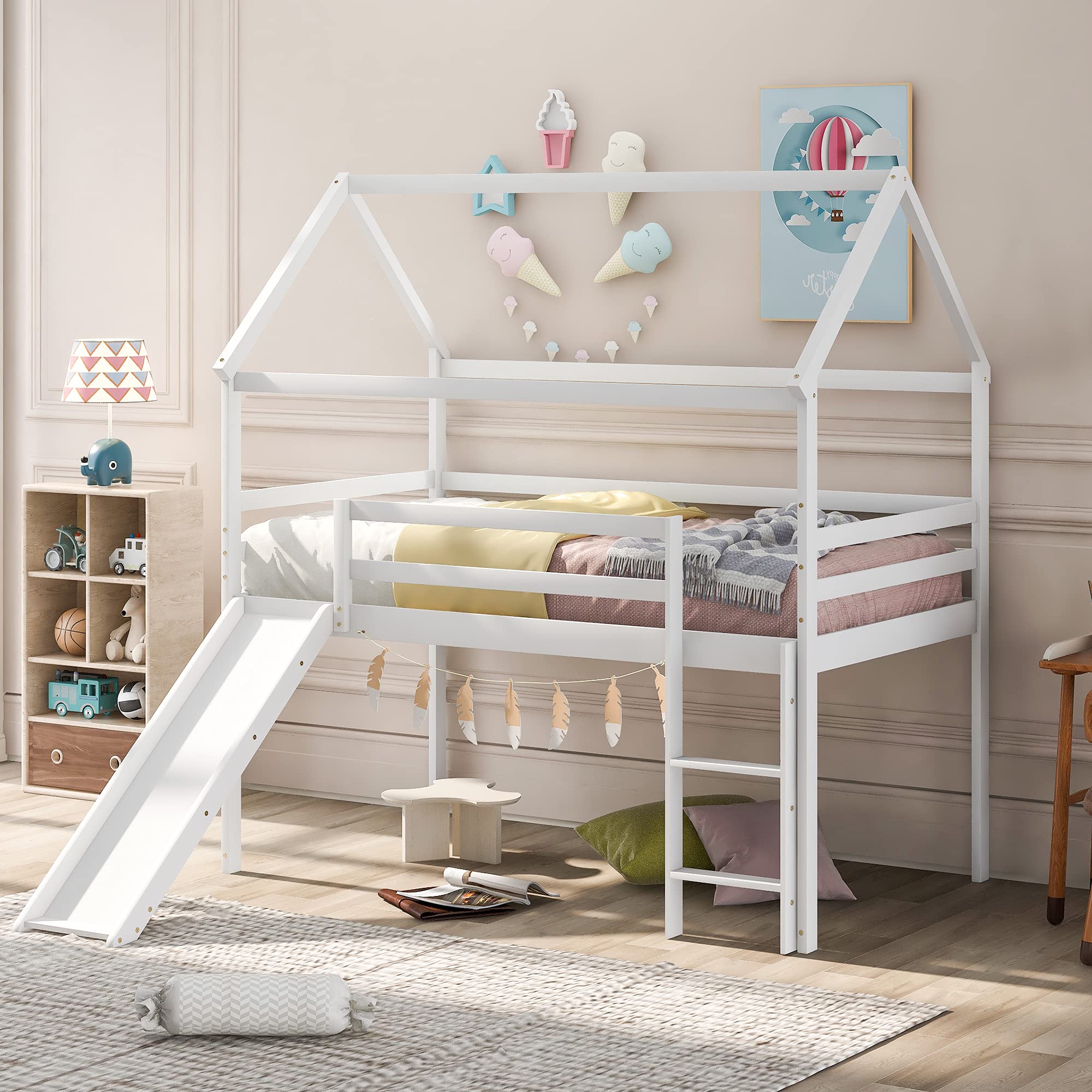Twin Size Loft Bed with Slide - White House Style Kids Bed for Small Spaces | Perfect for Children's Bedroom, Playroom & Dorm Rooms