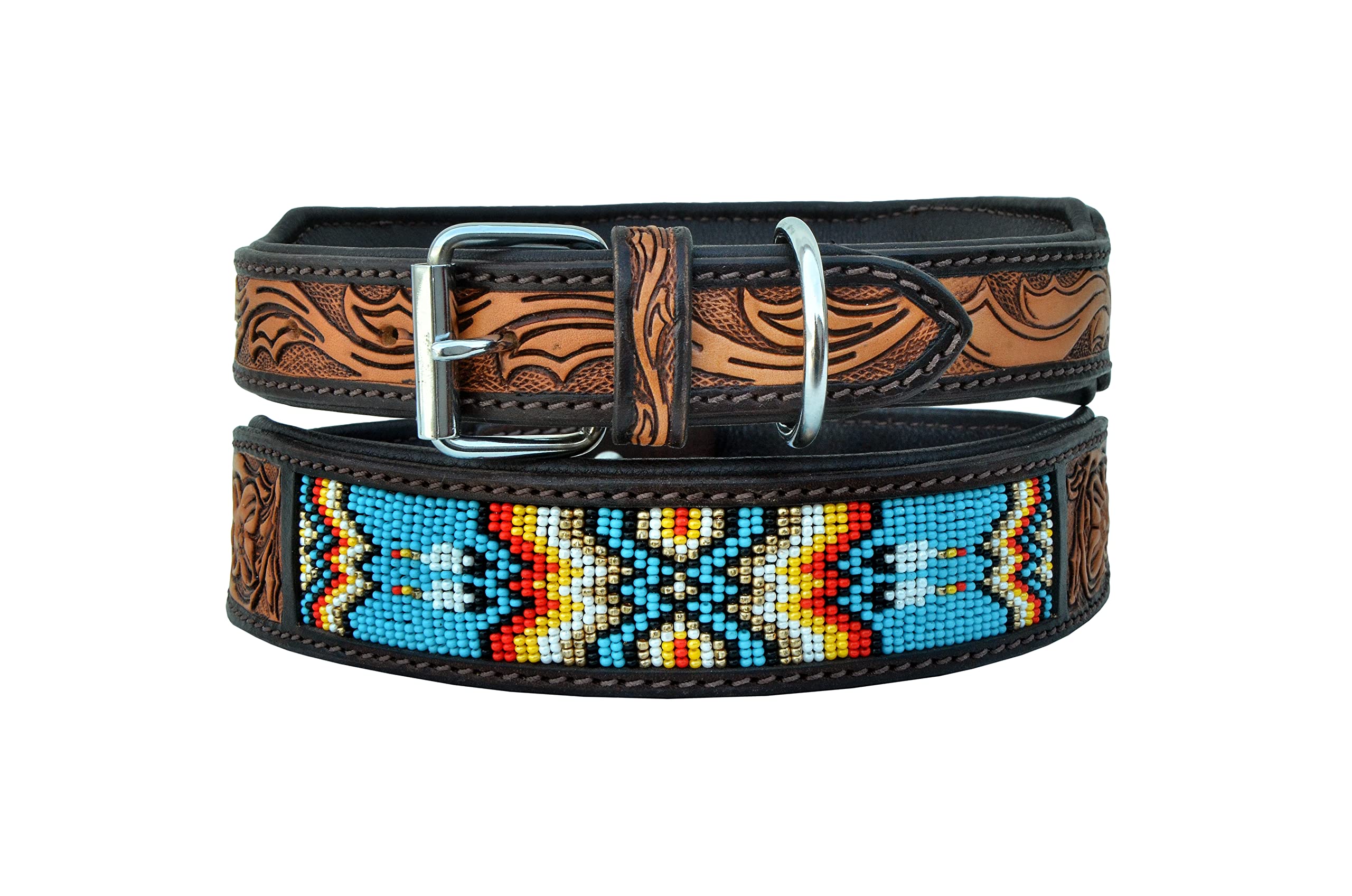 Western Style Heavy Duty Leather Dog Collar - Hand Tooled, Adjustable, Beaded & Padded for Puppies & Large Dogs | Durable & Comfortable for Daily Walks, Training & Outdoor Adventures (10AB011)