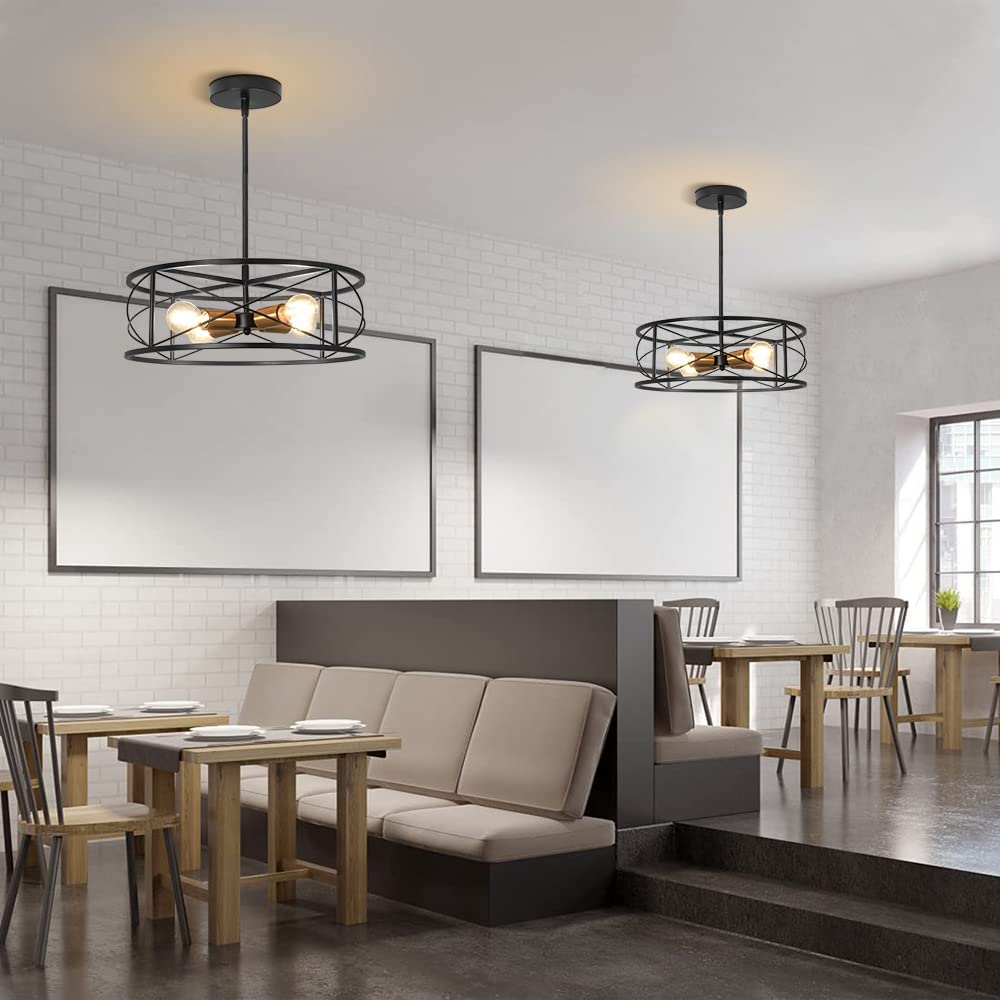 DLLT 4-Light Black Round Pendant Lighting Fixture - 18 Inch Industrial Metal Drum Cage Chandelier - Farmhouse Hanging Light for Dining Room Kitchen Living Room Bedroom Hallway - Perfect for Rustic Home Decor & Modern Interior Design