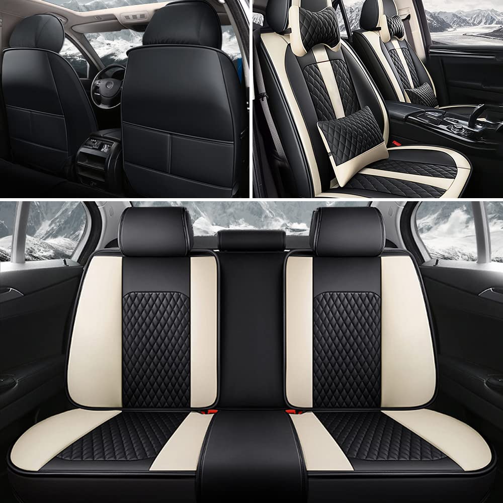 Premium Luxury Leather Car Seat Covers for Peugeot 508 GT Line & Hybrid - Waterproof, Scratchproof, Non-Slip, Airbag Compatible Full Set (Black/Beige) - Perfect for Daily Commute & Long Road Trips