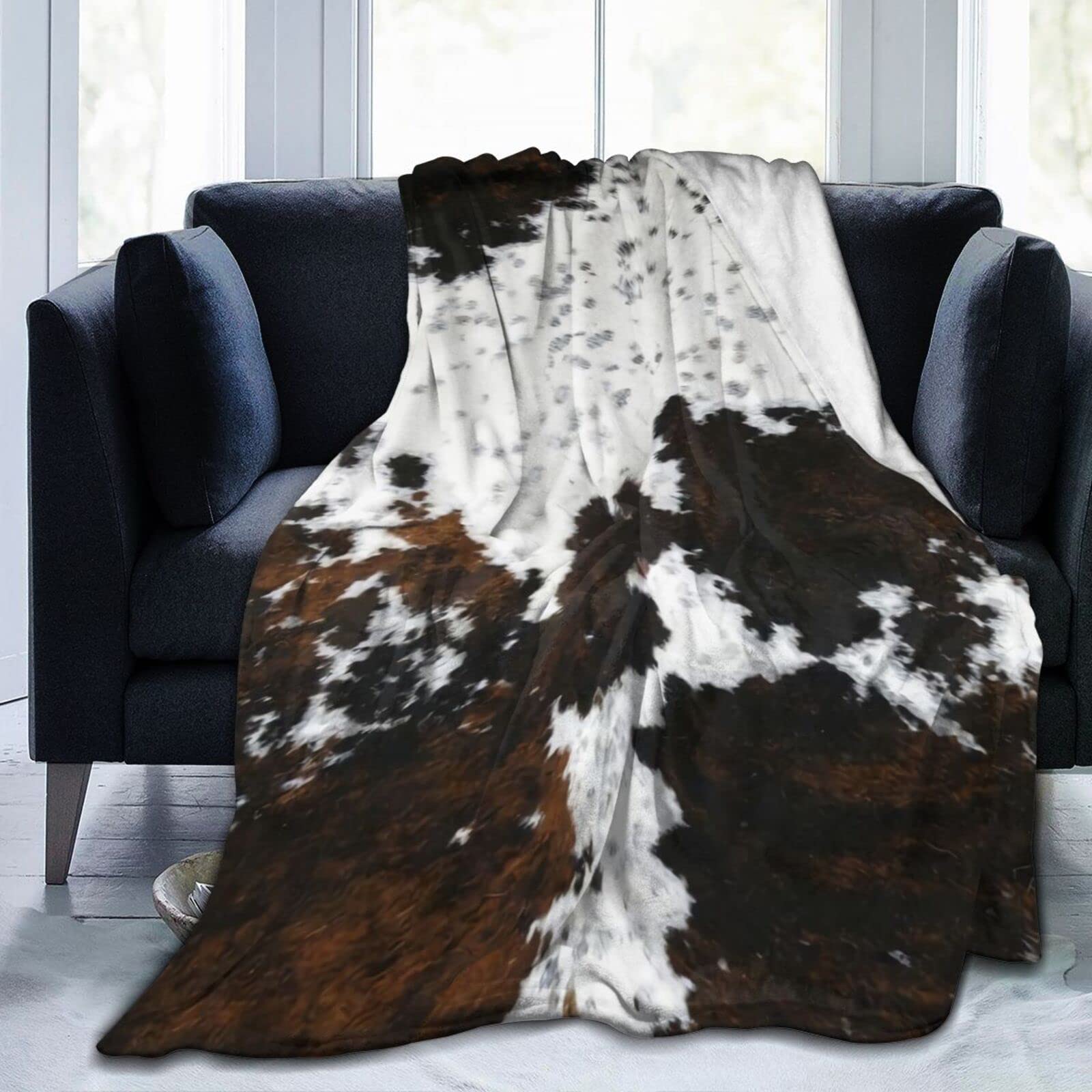 Premium Cowhide Print Flannel Throw Blanket - Ultra Soft Plush Fleece Blanket for Winter Warmth | Lightweight & Cozy All-Season Blanket for Couch, Bed, Sofa (50