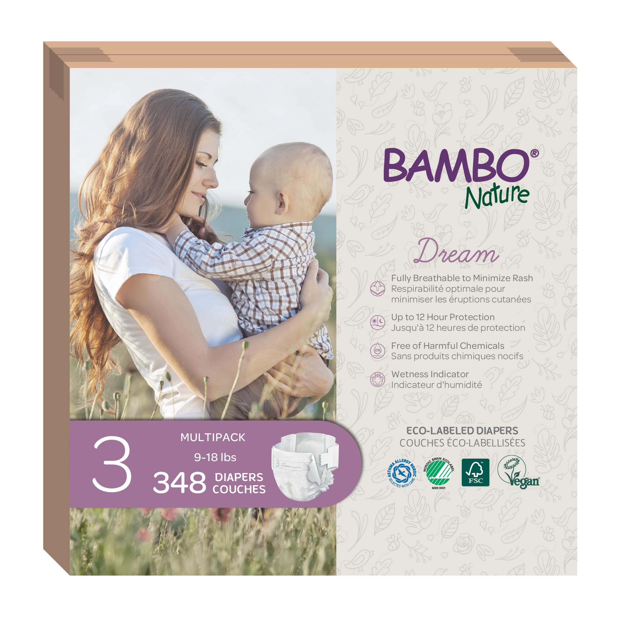 Bambo Nature Hypoallergenic Baby Diapers Size 3 (348 Count) - Eco-Friendly, Chlorine-Free, Super Absorbent with Leak Protection | Gentle for Sensitive Skin, Perfect for Overnight Use & Active Babies