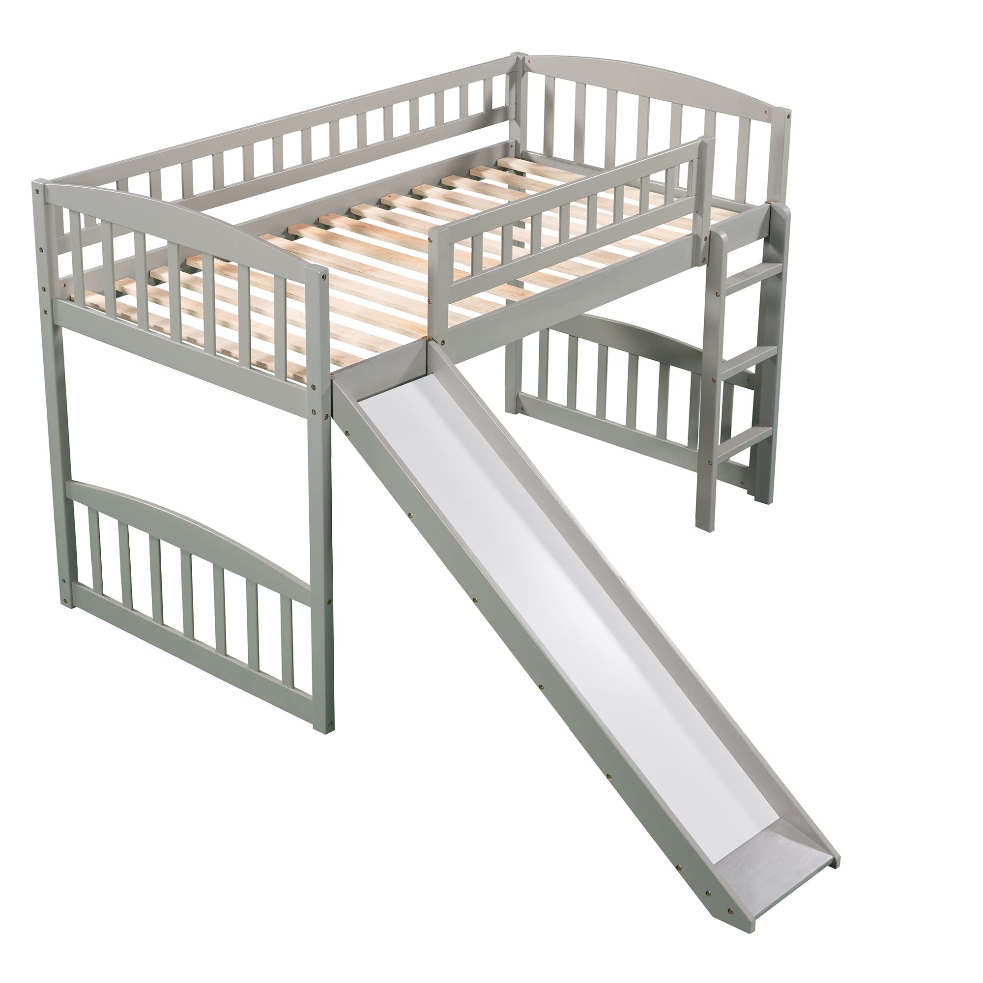 Bellemave Twin Loft Bed with Slide and Ladder - Low Height Wooden Bunk Bed for Kids, Boys & Girls - Space Saving Gray Children's Bedroom Furniture for Small Rooms & Play Areas