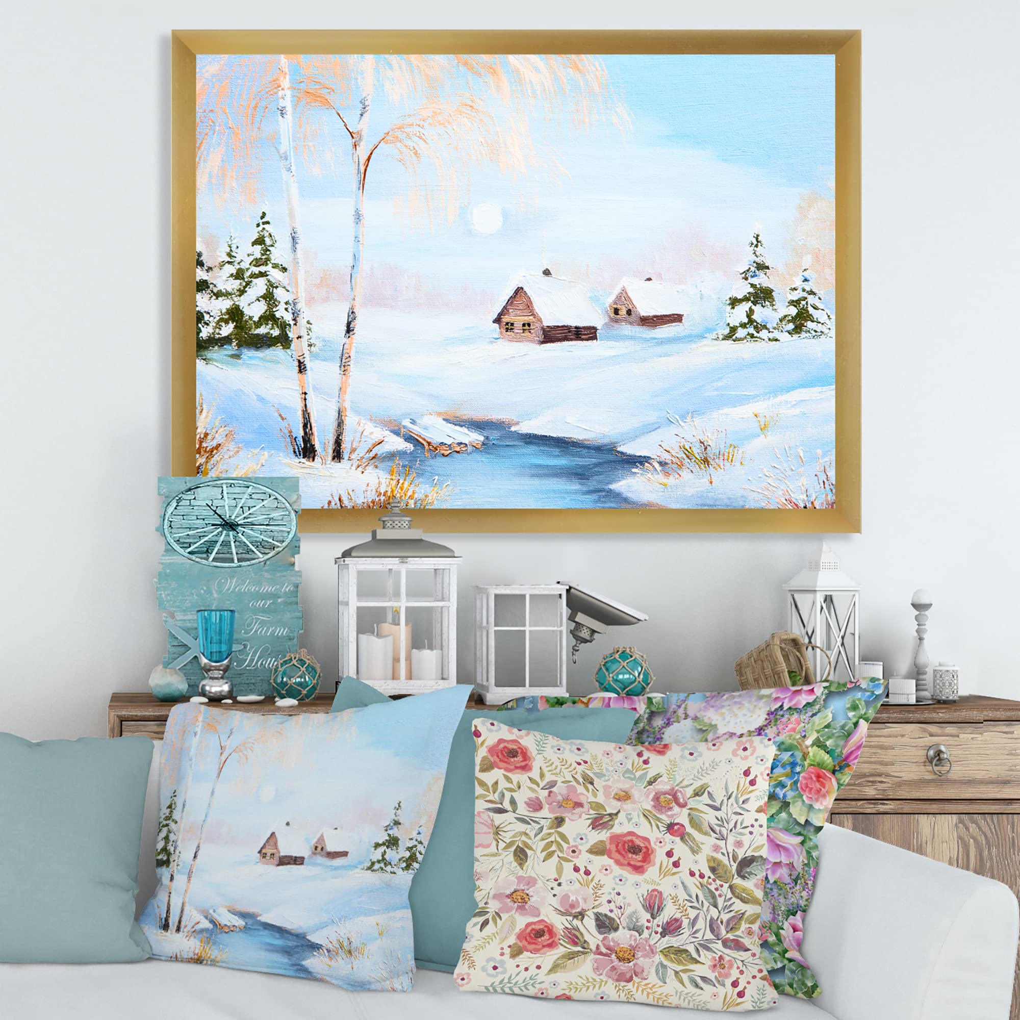 DesignQ Winter Landscape Framed Wall Art - Frozen River in Forest with Lake House - Perfect for Living Room, Bedroom & Office Decor