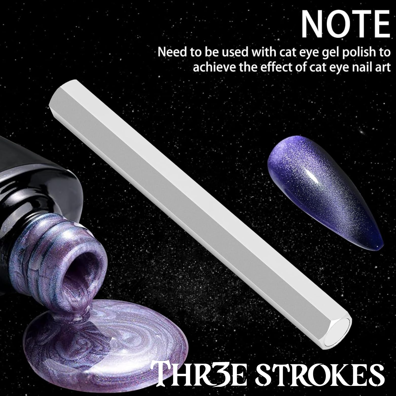 Professional Double-Ended Hexagon Strong Nail Magnet Stick for Cat Eye Gel Polish - THR3E STROKES Cat Eye Magnet Tool for DIY, Nail Salon & Home Use (Silver) | Perfect for Creating Stunning Cat Eye Nail Art Designs at Home or Professional Nail Studios