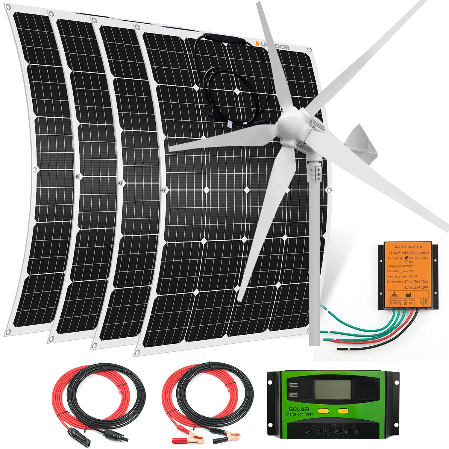 1480W 48V Solar Wind Hybrid Power Kit for Home, Boat, RV & Camping - 4x120W Monocrystalline Flexible Solar Panels + 1000W Wind Turbine + Charge Controller - Easy Installation for Off-Grid Living & Emergency Power Backup