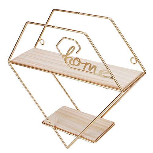 Geometric Wrought Iron Wall Shelf with Wood Top - Rustic Home Storage Rack for Living Room, Bedroom & Office Organization - Hollow Metal Shelf for Books, Plants & Decorative Display