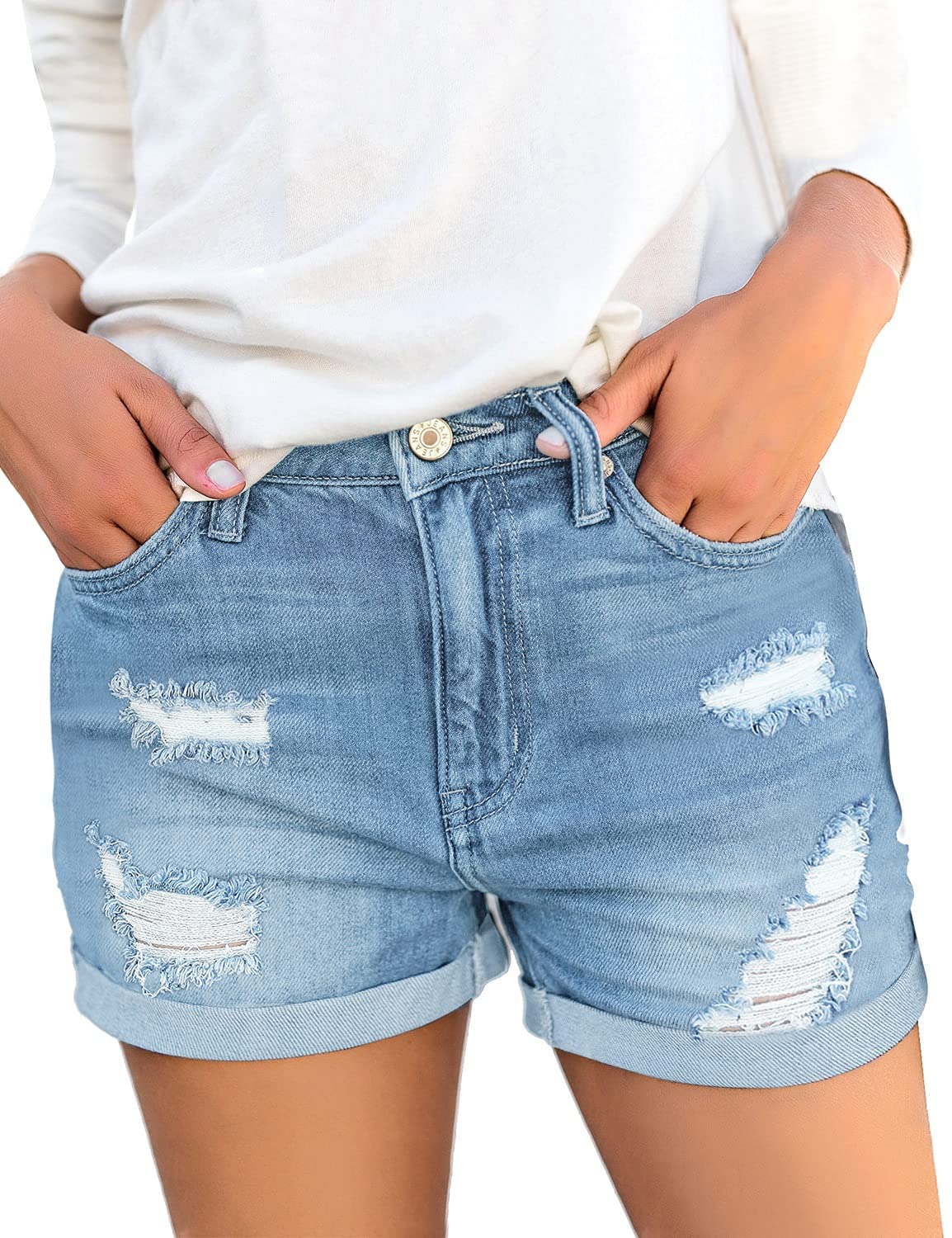Women's High Waisted Distressed Denim Shorts - Frayed Raw Hem Ripped Stretchy Jean Shorts for Summer | Casual Outfit, Beach Wear & Street Style Fashion