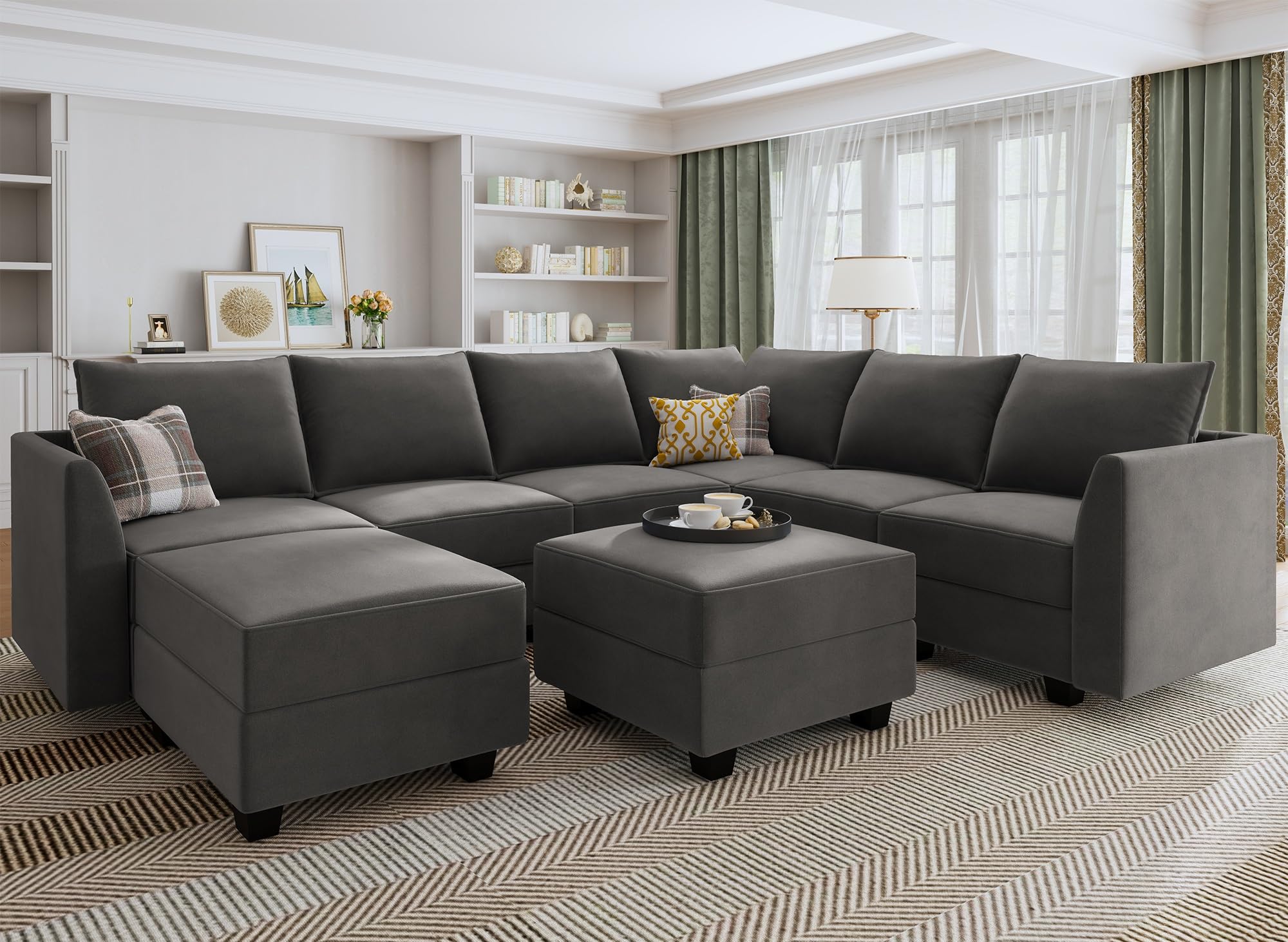 HONBAY Convertible Sectional Sofa Modular Couch with Reversible Chaise - Velvet U-Shaped Sleeper Sofa Set with Storage Ottoman, Grey - Perfect for Living Room, Home Theater, and Small Spaces