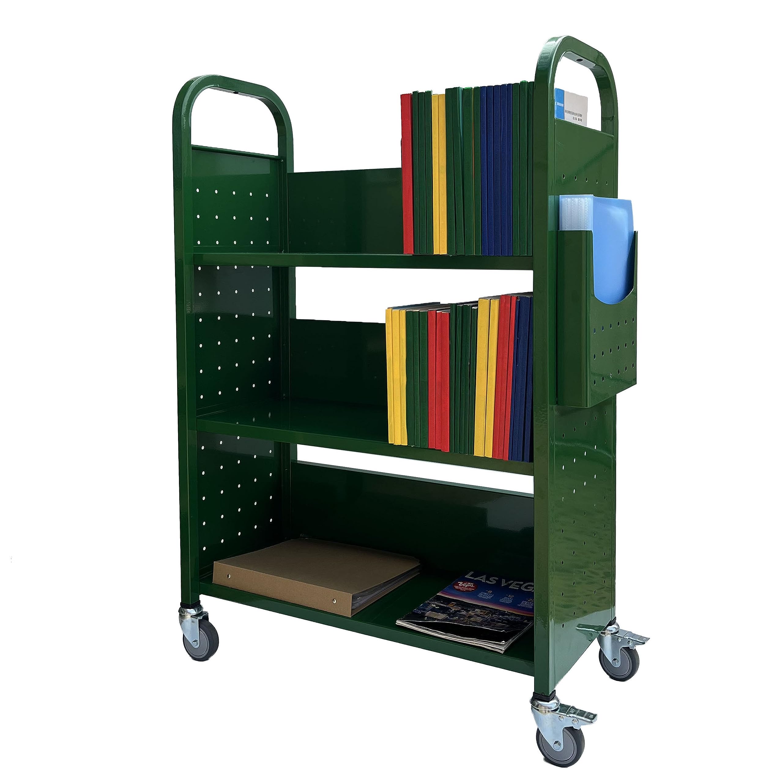 Workington Rolling Book Truck with 3 Flat Shelves - Mobile Library Cart with Swivel Lockable Casters (3001 Green) - Perfect for Libraries, Schools, and Office Document Organization