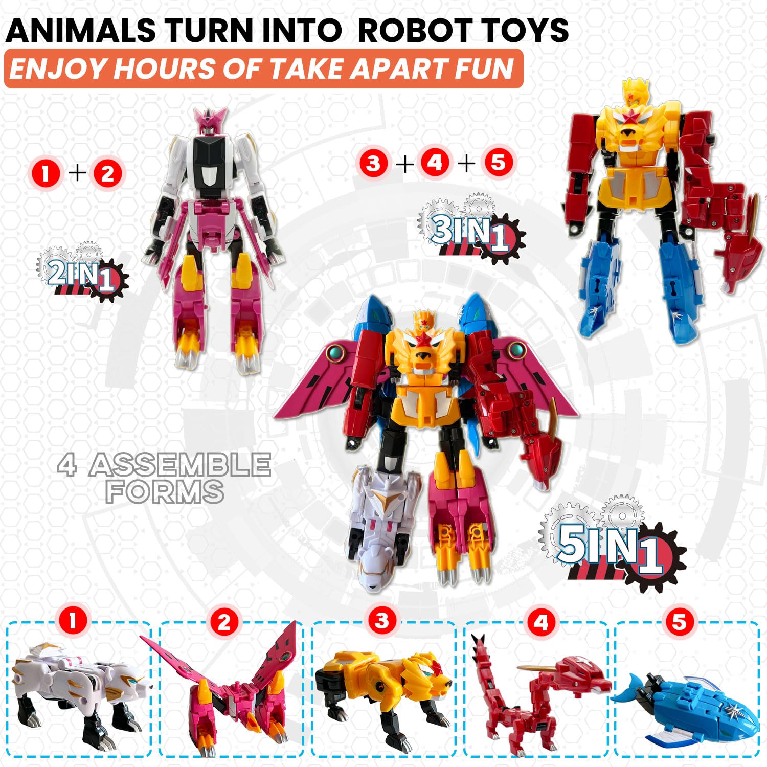 Wenbeier 5-in-1 Transformable Robot Toy Set - Large Animal Action Figures (Lion, Dragon, Whale, Phoenix, Bear) for Kids Ages 6-10 | STEM Learning Take-Apart Construction Toy | Perfect for Creative Play, Birthday Gifts & Collectibles (10 Inches)