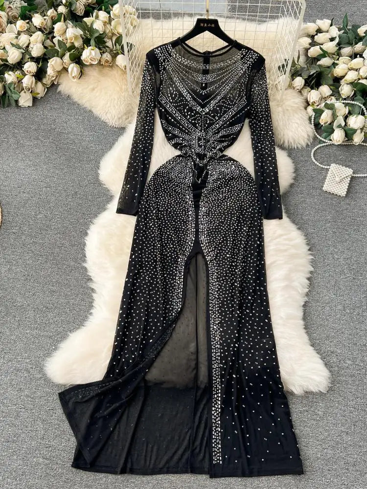 Sexy Black Long Sleeve Bodycon Dress with Back Zipper & High Slit - Vintage Elegant Club Party Gown for Women | Perfect for Night Out, Cocktail Party & Special Occasions