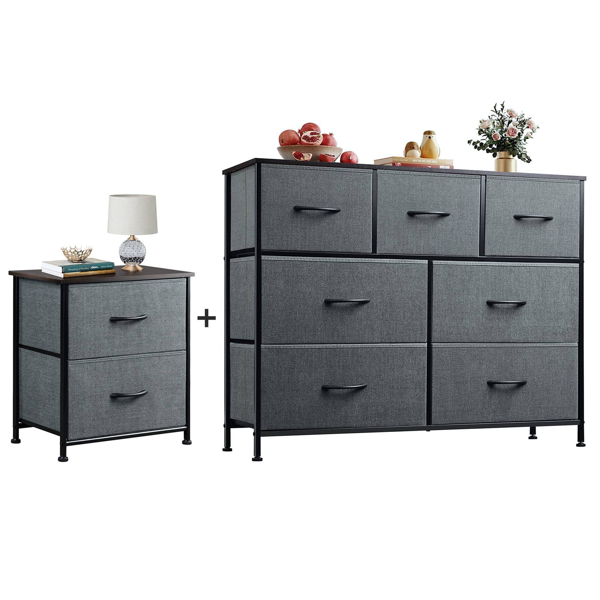 WLIVE 2-Drawer Nightstand & 7-Drawer Dresser Set - Fabric Storage Tower with Textured Bins & Steel Frame for Bedroom, Hallway, Nursery, Closet Organization - Perfect for Small Space Storage & Home Decor