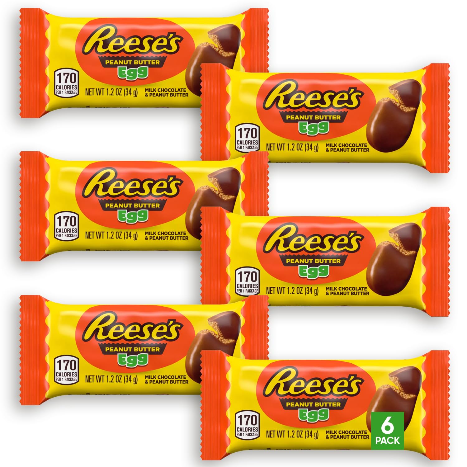 Reese's Peanut Butter & Milk Chocolate Candy Eggs 1.2oz (6-Pack) - Individually Wrapped Easter Treats for Adults & Kids - Holiday Chocolate Snacks - Perfect for Easter Baskets, Party Favors, Office Treats & Gift Giving