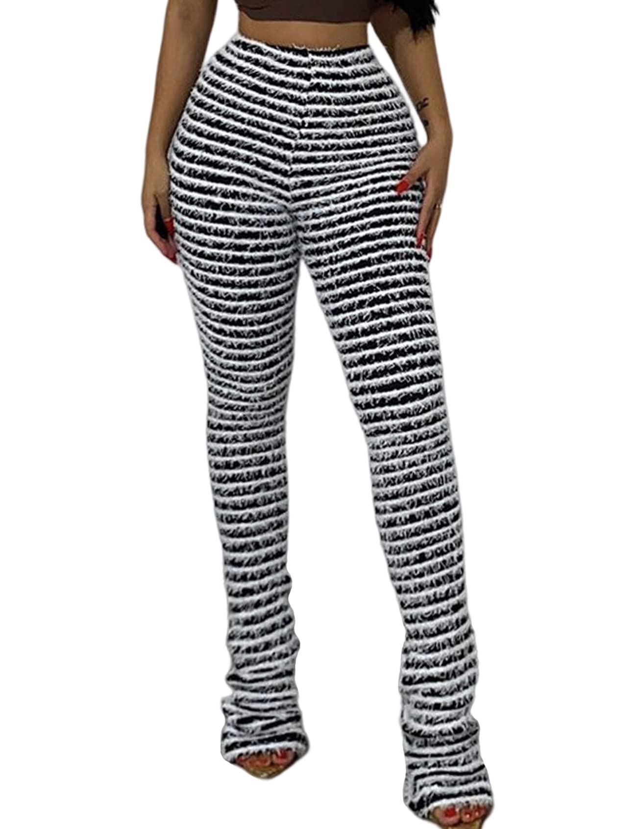 Yimoon Women's High Waisted Fuzzy Stacked Pants - Zebra Print Striped Y2K Leggings in Black & White | Cozy Lounge Pants for Casual Wear, Street Style & Winter Outfits
