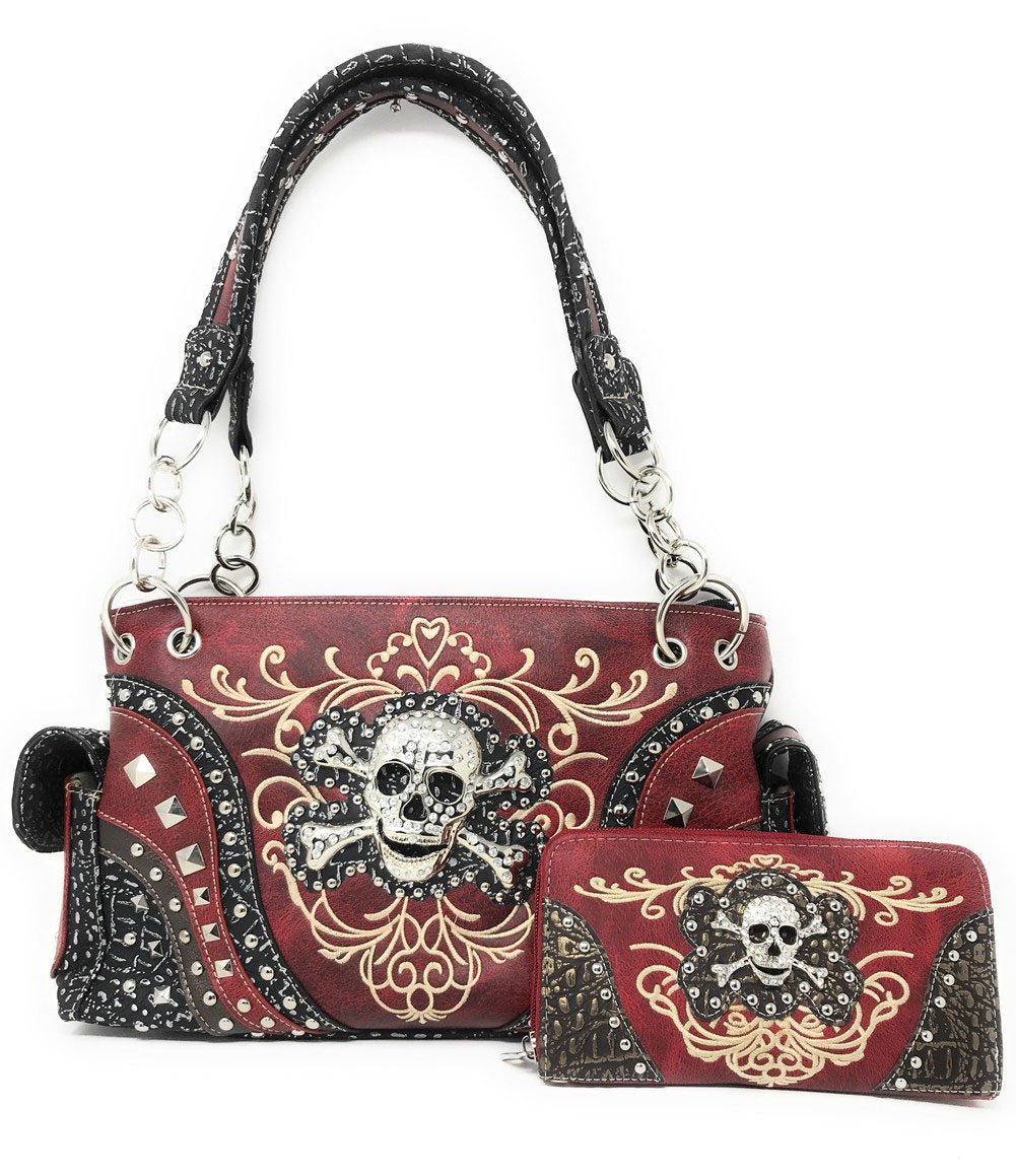 Stylish Women's Skull & Bones Skeleton Handbag with Matching Wallet - 6 Trendy Colors for Gothic Fashion, Halloween Costumes & Alternative Style Outfits