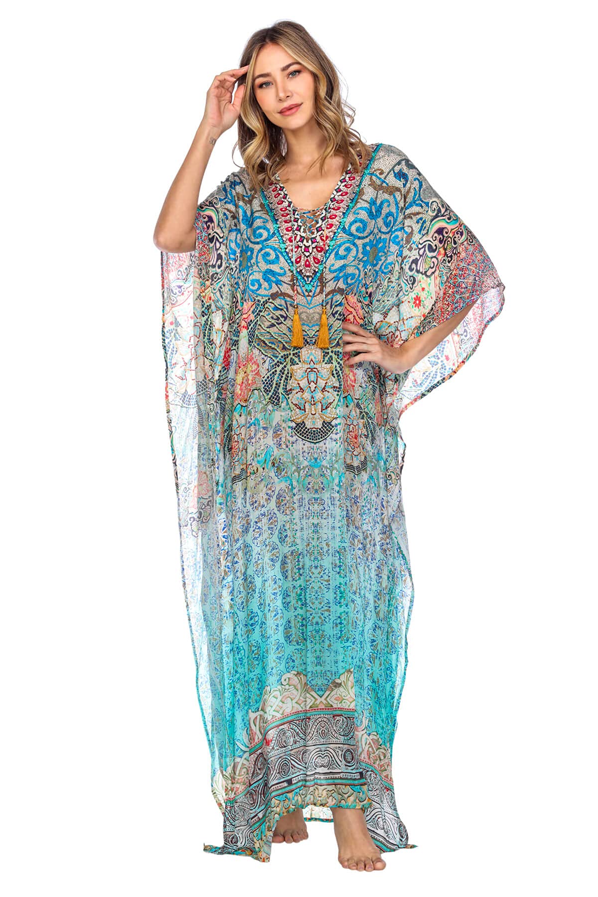 Maxi Caftan Dress for Women - Silk Loungewear & Beach Cover Up | Elegant Kimono Party Gown for Summer Vacation, Poolside Relaxation & Special Occasions