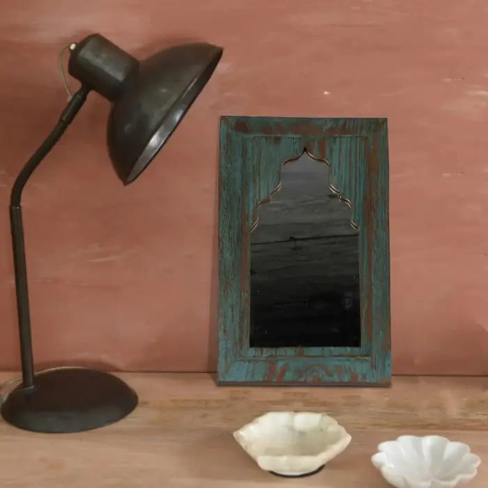 Handmade Antique Blue Wooden Arched Mirror Frame - 25x5x40 cm - Vintage Wall Decor for Living Room, Bedroom & Entryway