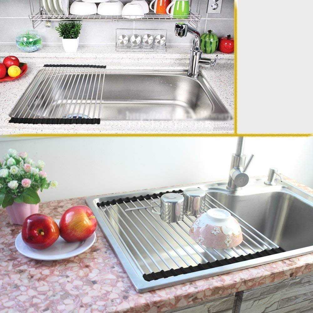 Foldable Stainless Steel Over Sink Dish Drainer - Space Saving Kitchen Utensil & Fruit Vegetable Drying Rack - Perfect for Small Kitchens, RVs & Camping Use
