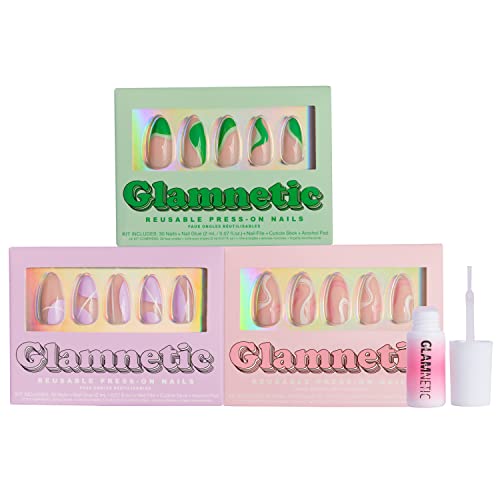 Glamnetic Press On Nails - Soo Retro Collection with Brush On Nail Glue | Reusable Medium Almond Fake Nails in Groovy Green, Purple Power & Pink Swirl | Perfect for Parties, Weddings & Everyday Wear
