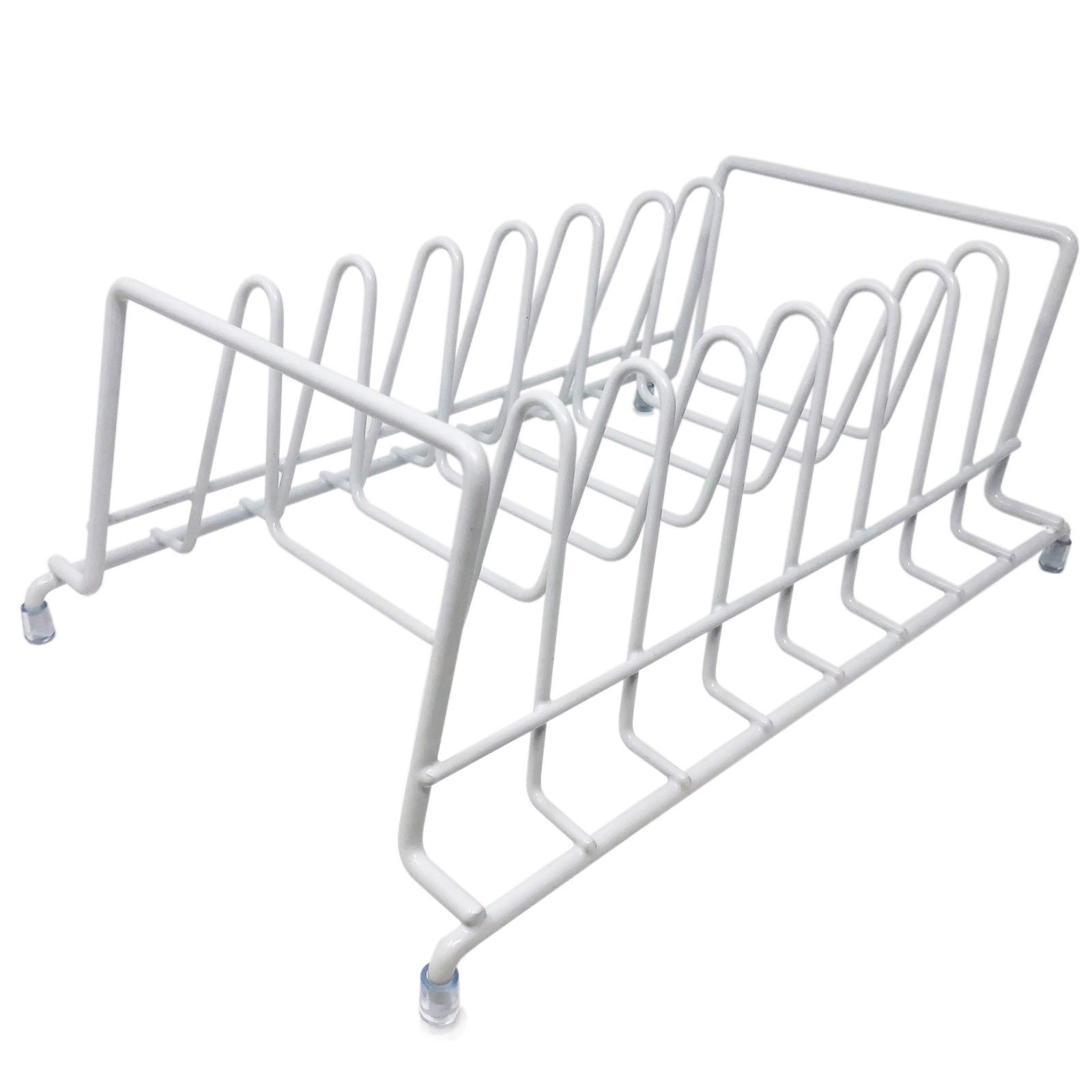 Huji Plates Holder Pots Pans Lid Organizer Rack - Space Saving Kitchen Cabinet Storage for Dishes, Cookware & Lids (White) - Perfect for Pantry, Countertop & Small Kitchen Organization