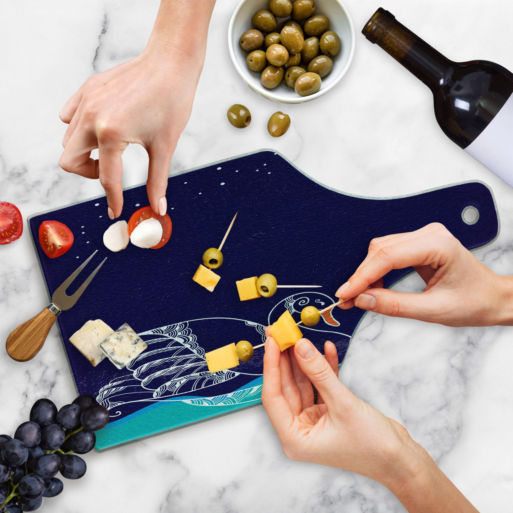 Ambesonne Swan Tempered Glass Cutting Board - Elegant Big Winged Swan Silhouette on Dark Starry Night Lake Design - Decorative Serving Board with Wine Bottle Shape in White & Blue - Perfect for Cheese Platters, Charcuterie, and Wine Pairing Parties