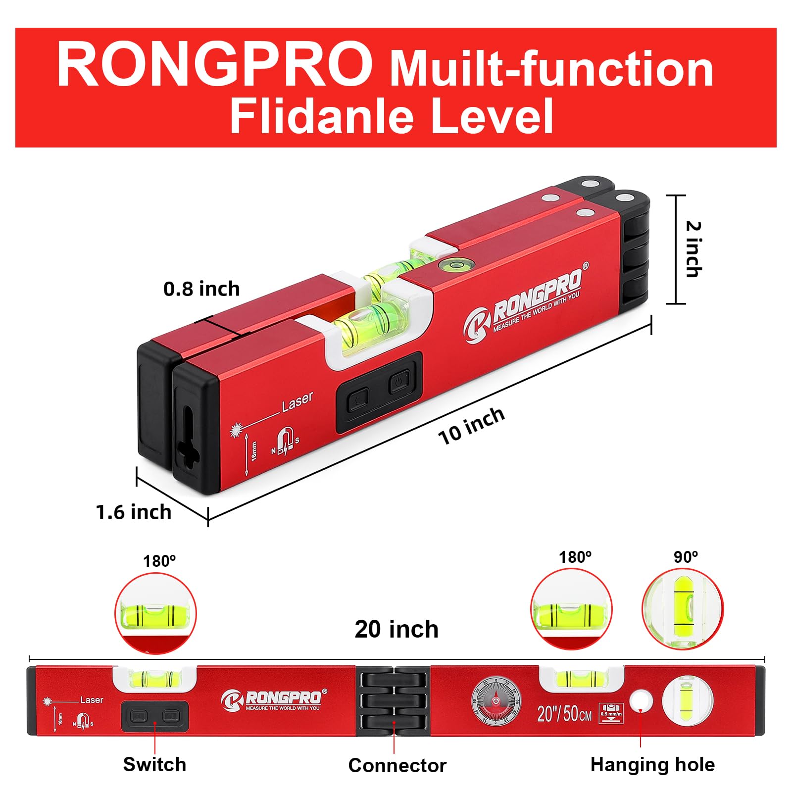20-Inch Foldable Magnetic Level with 30Ft Laser Leveling Line & 90°/180° Bubbles - Multi-Function Leveler Tool for Woodworking, Picture Hanging, Home Renovation, Construction - Perfect for DIY Projects, Wall Mounting, and Professional Builders