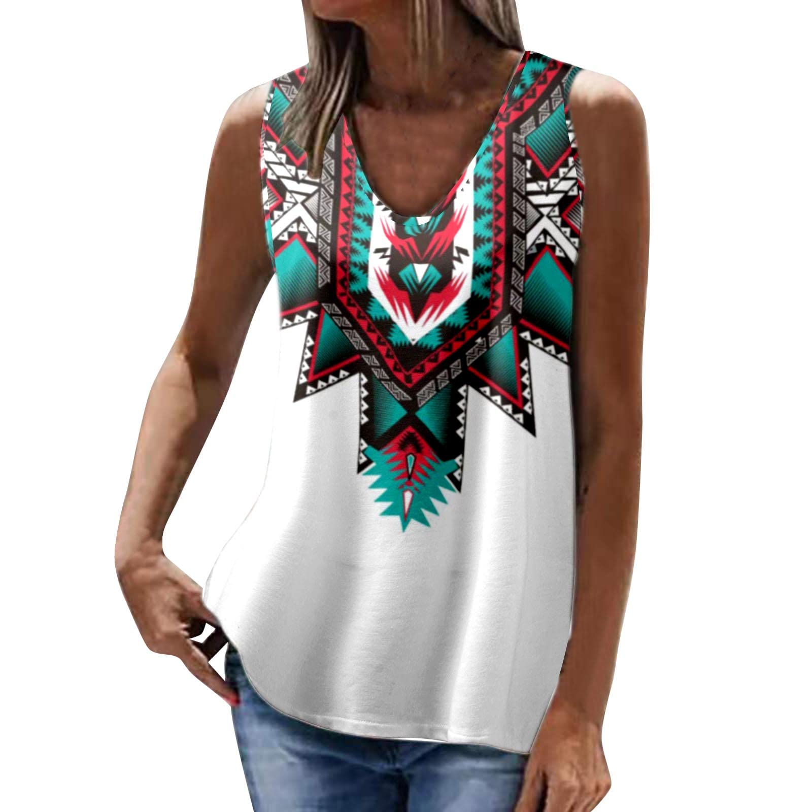 Vacger Women's Geometric Print Sleeveless Tank Top - Round Neck Summer Blouse for Casual Wear, Gym, and Beach Outfits