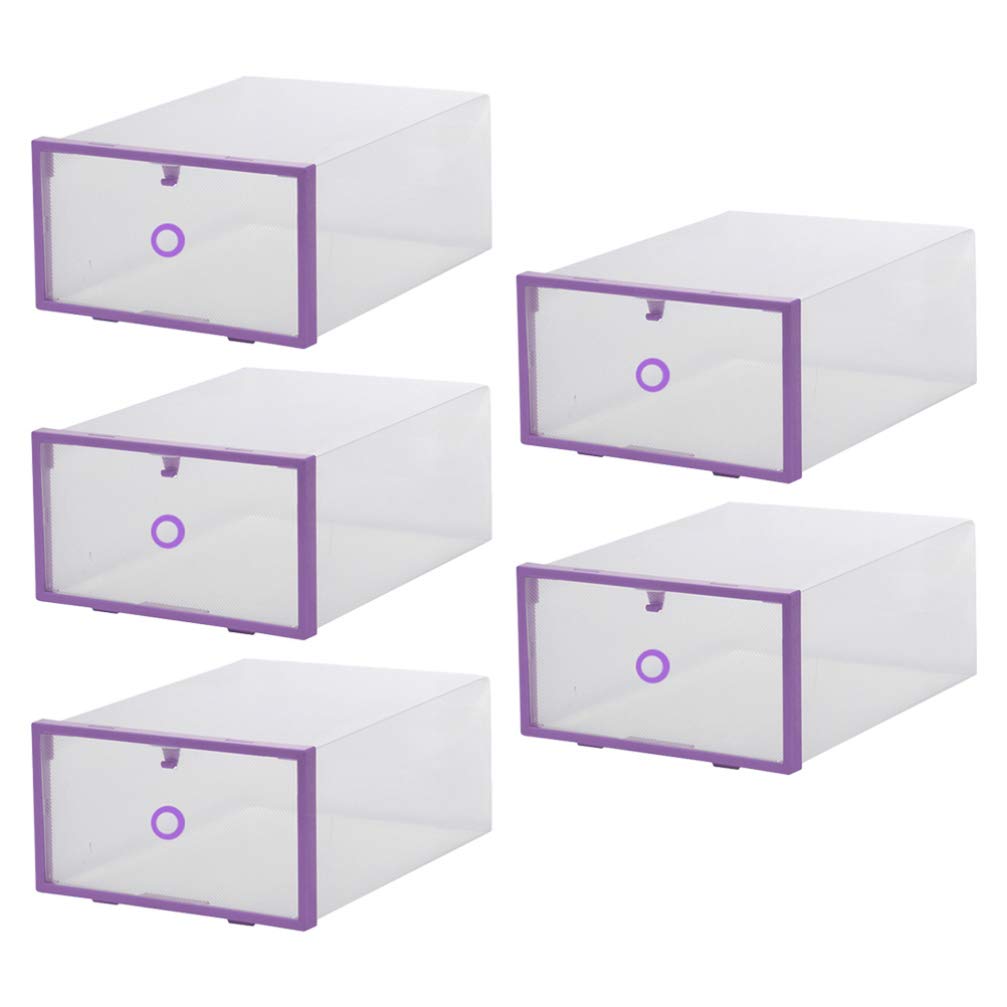 TOPBATHY 5-Pack Stackable Shoe Storage Boxes with Lids - Clear Plastic Organizer for Men's, Women's & Kids Shoes - Perfect for Sneakers, Sandals, Flats & Boots - Space-Saving Closet & Entryway Organization (Purple)