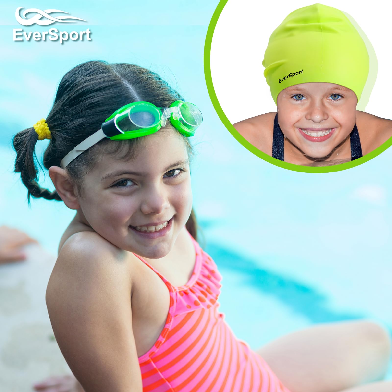 EverSport Kids Swim Cap for Girls 6-14 Years - Large Silicone Swimming Cap for Long Hair & Braids - Keeps Hair Dry - Perfect for Pool, Beach & Swim Lessons
