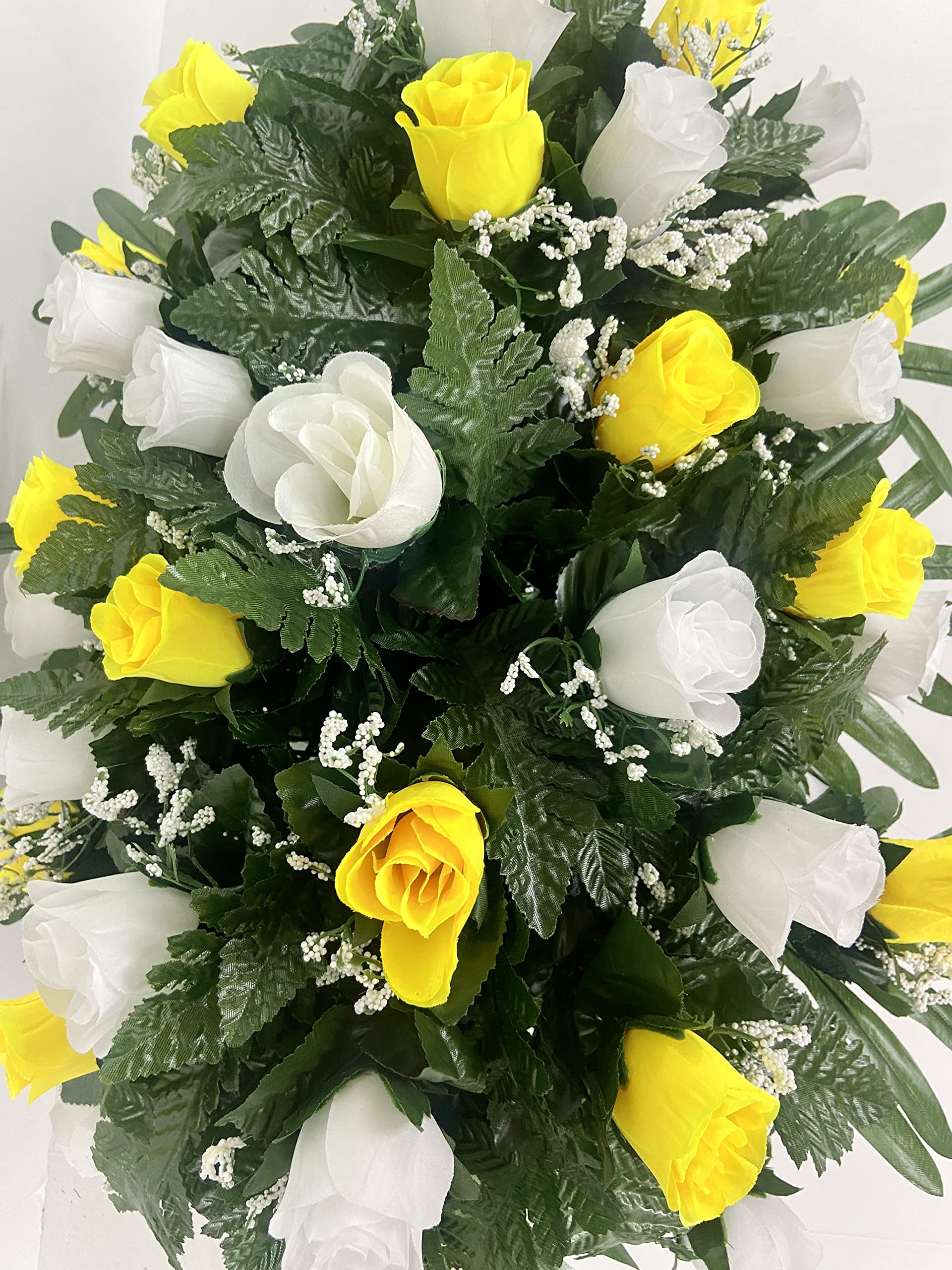 Yellow and White Rose Headstone Saddle - Cemetery Grave Decor with Summer Flowers for Gravesite - Sympathy Floral Arrangement for Memorials, Funerals & Grave Visits